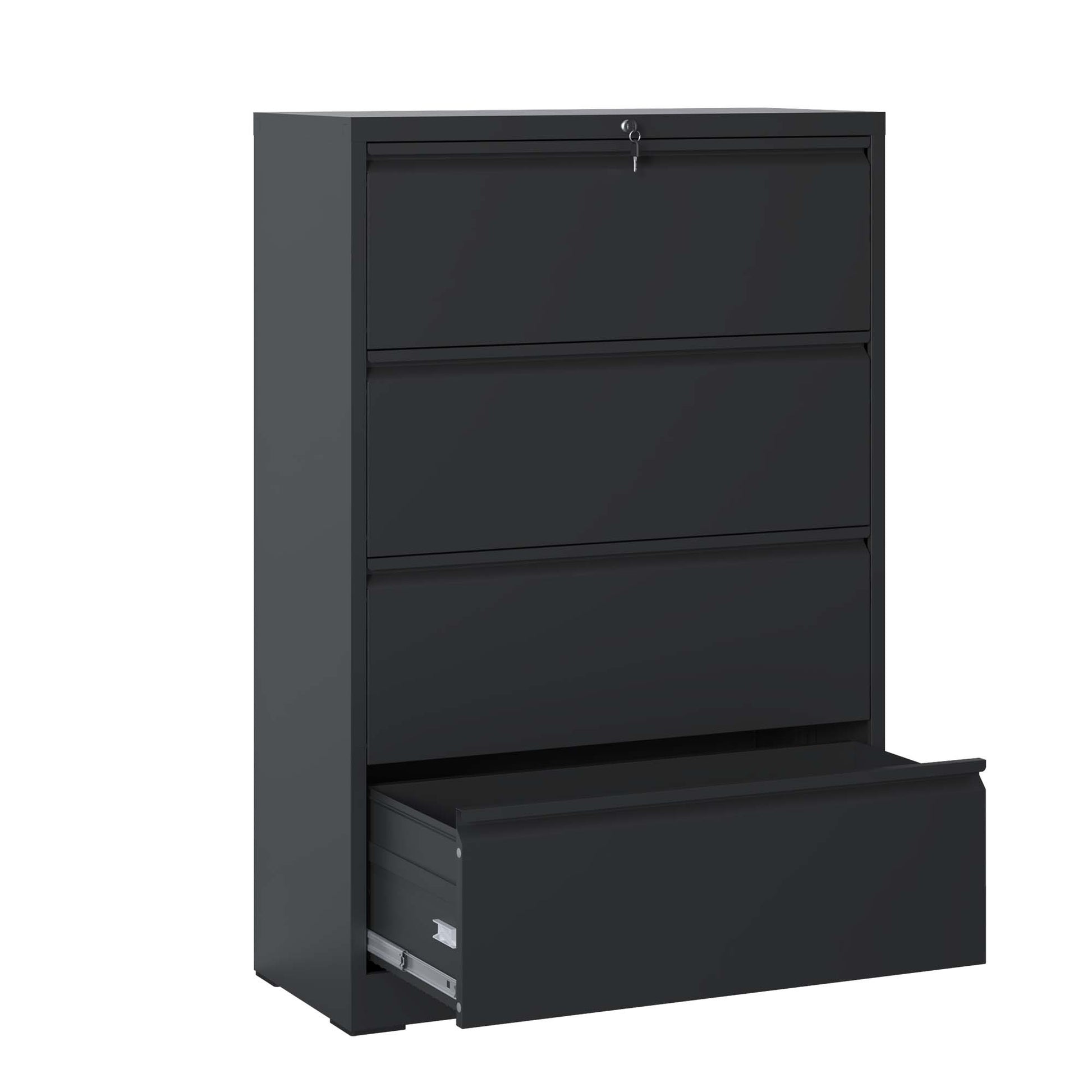 Lateral File Cabinet 4 Drawer, Black Filing Cabinet With Lock, Lockable File Cabinet For Home Office, Locking Metal File Cabinet For Legal Letter A4 F4 Size Filing Cabinets 3 4 Drawers Black Office Drawers Included Modern Metal Metal