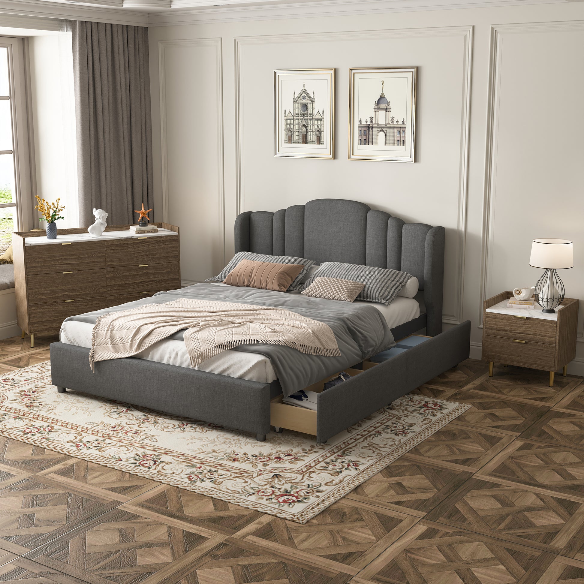3 Pieces Bedroom Sets Queen Size Upholstered Platform Bed With 4 Drawers, Marble Top Nightstand And Storage Dresser, Gray Gray Mdf