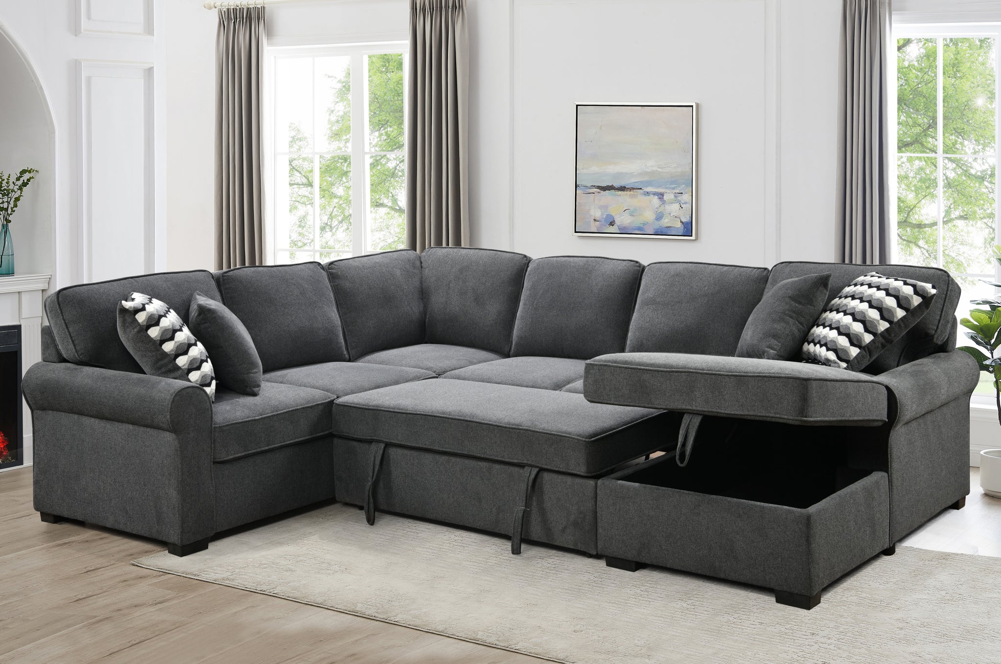 117" Oversized Sectional Sofa With Storage Chaise, Rolled Arms U Shaped Sectional Couch ,Removable Soft Backrest Cushions, With 4 Throw Pillows For Large Space Dorm Apartment,Dark Gray Light Brown Wood Primary Living Space Heavy Duty Eucalyptus 7 Seat