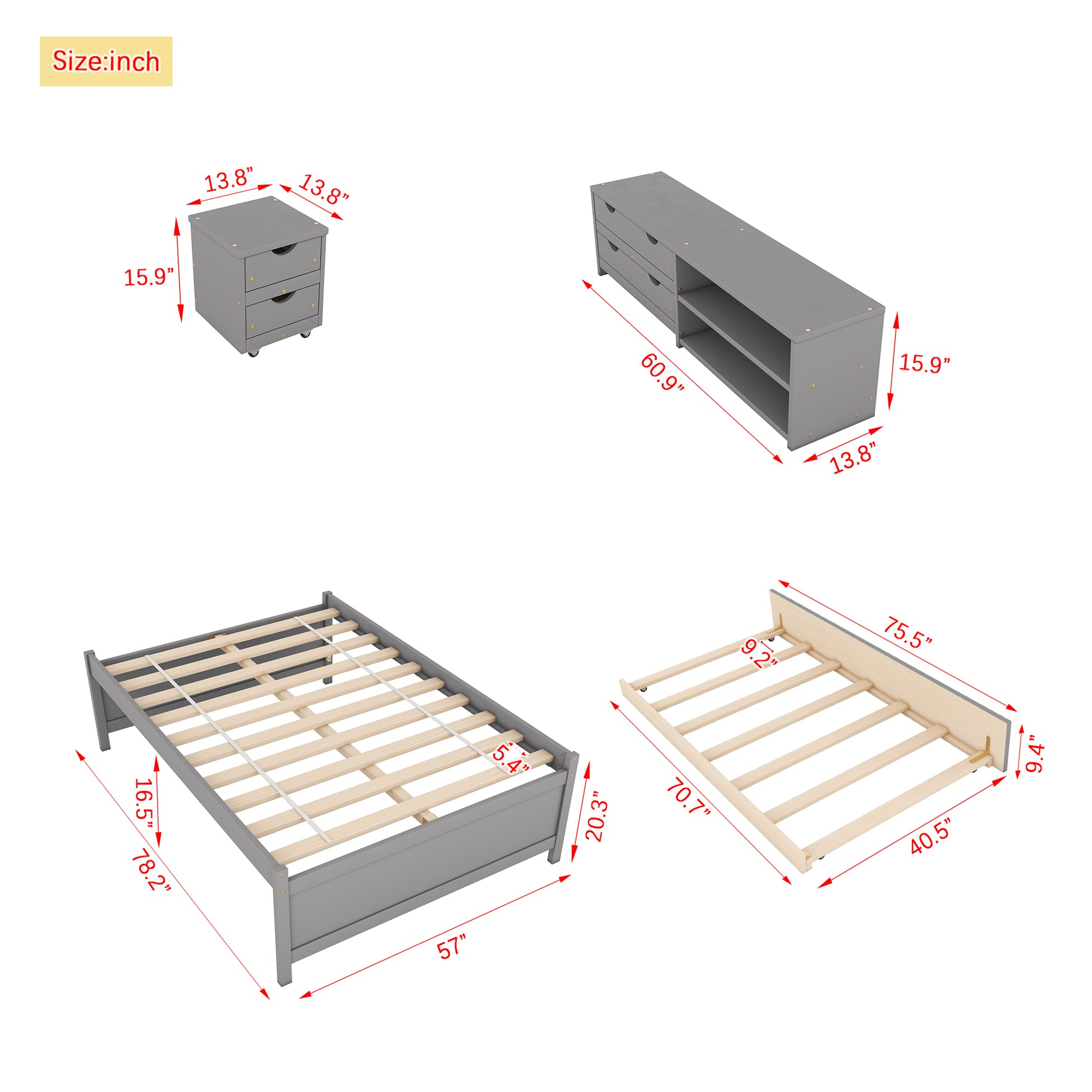 Versatile Full Bed With Trundle,Under Bed Storage Box And Nightstand .Grey Full Grey American Design Pine