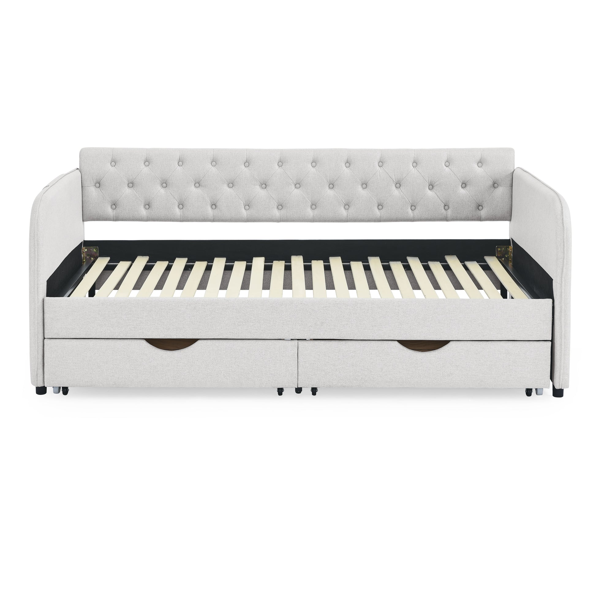 Twin Size Upholstery Daybed With Trundle Bed And Two Storage Drawersflat Arms With Pocket, Extendable Daybed For Bedroom Living Room,Linen Beige Beige Linen