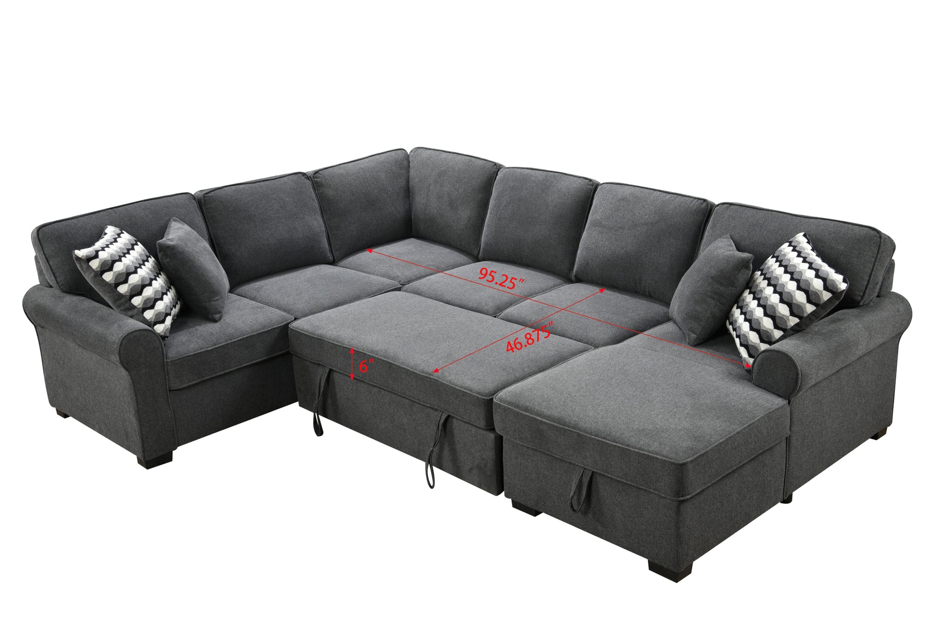 117" Oversized Sectional Sofa With Storage Chaise, Rolled Arms U Shaped Sectional Couch ,Removable Soft Backrest Cushions, With 4 Throw Pillows For Large Space Dorm Apartment,Dark Gray Light Brown Wood Primary Living Space Heavy Duty Eucalyptus 7 Seat