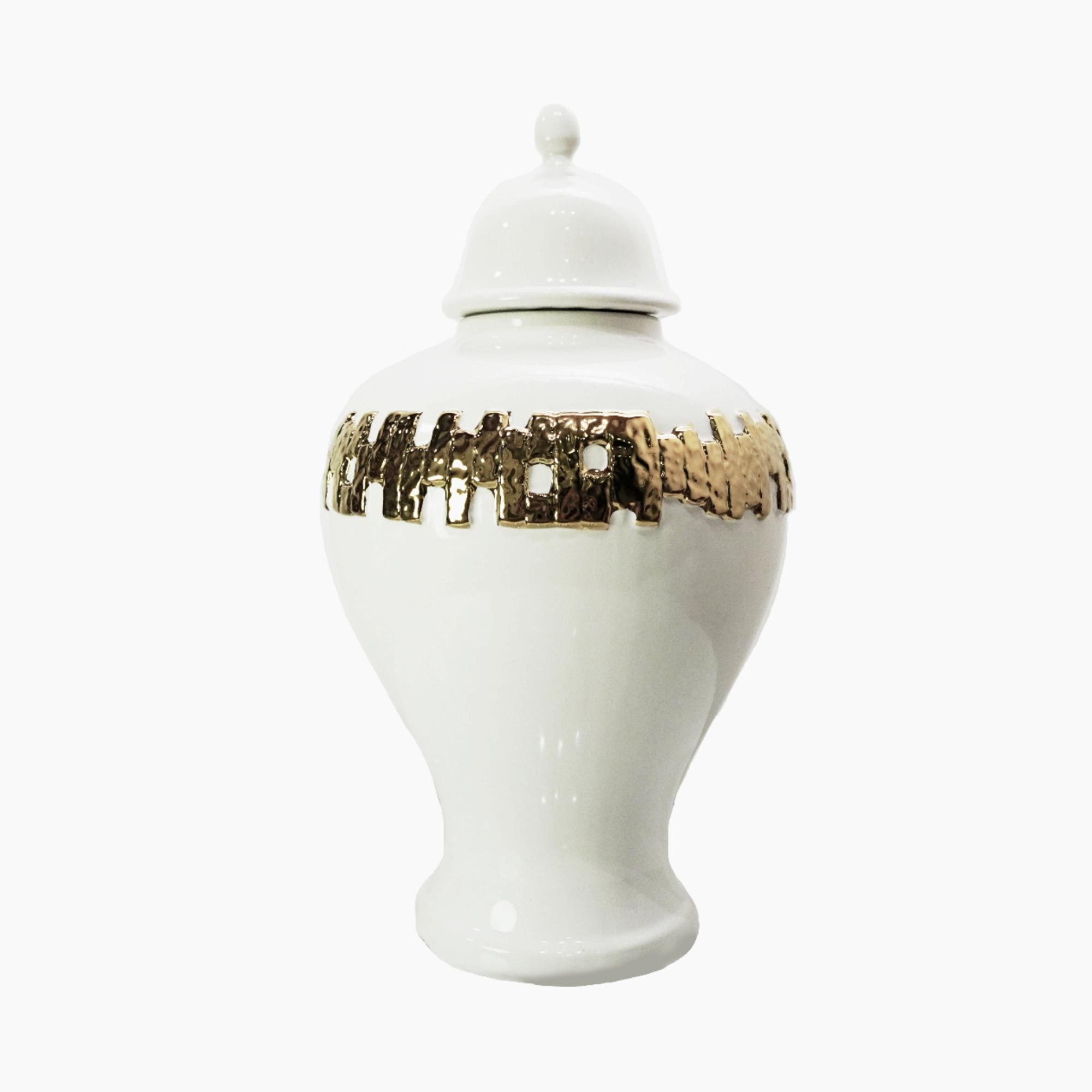 White Ginger Jar With Gold Ornament White Ceramic