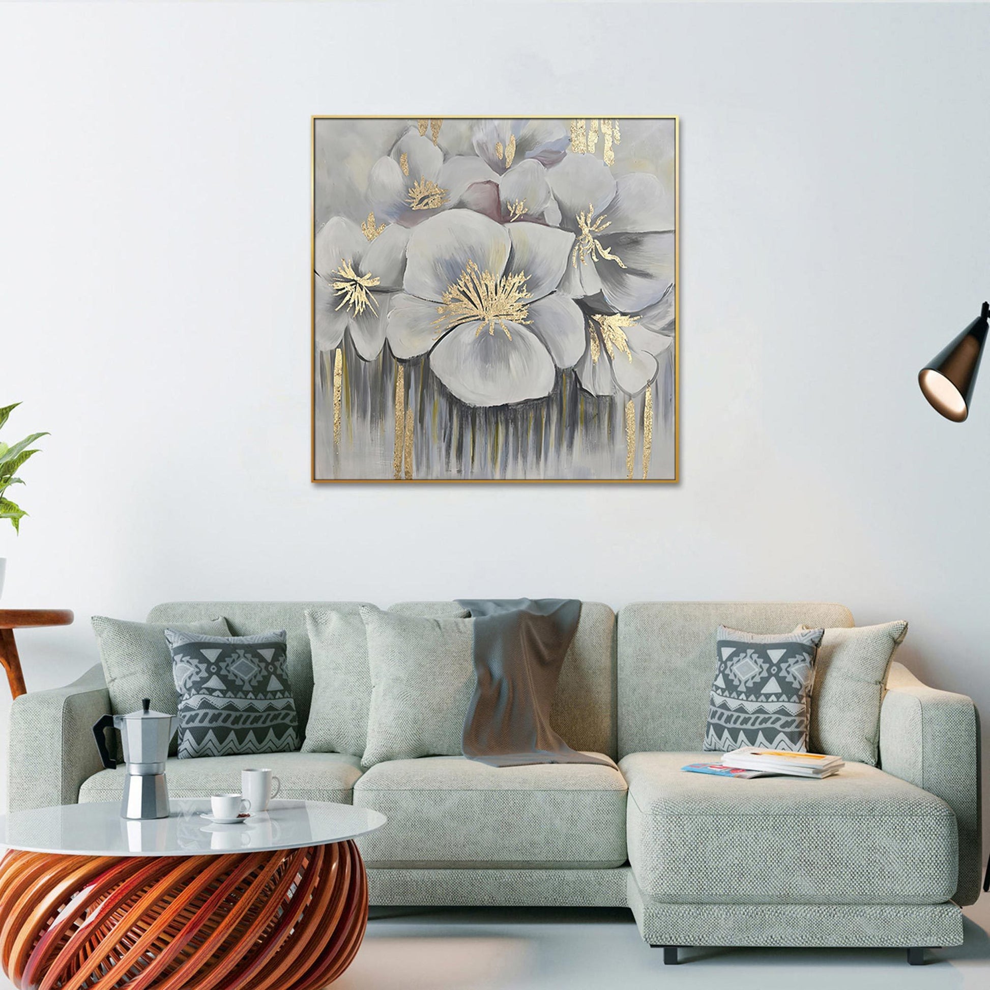 Home Hand Painted "Golden Anther Blossoms" Oil Painting 48"H X 48" W White Gold Canvas