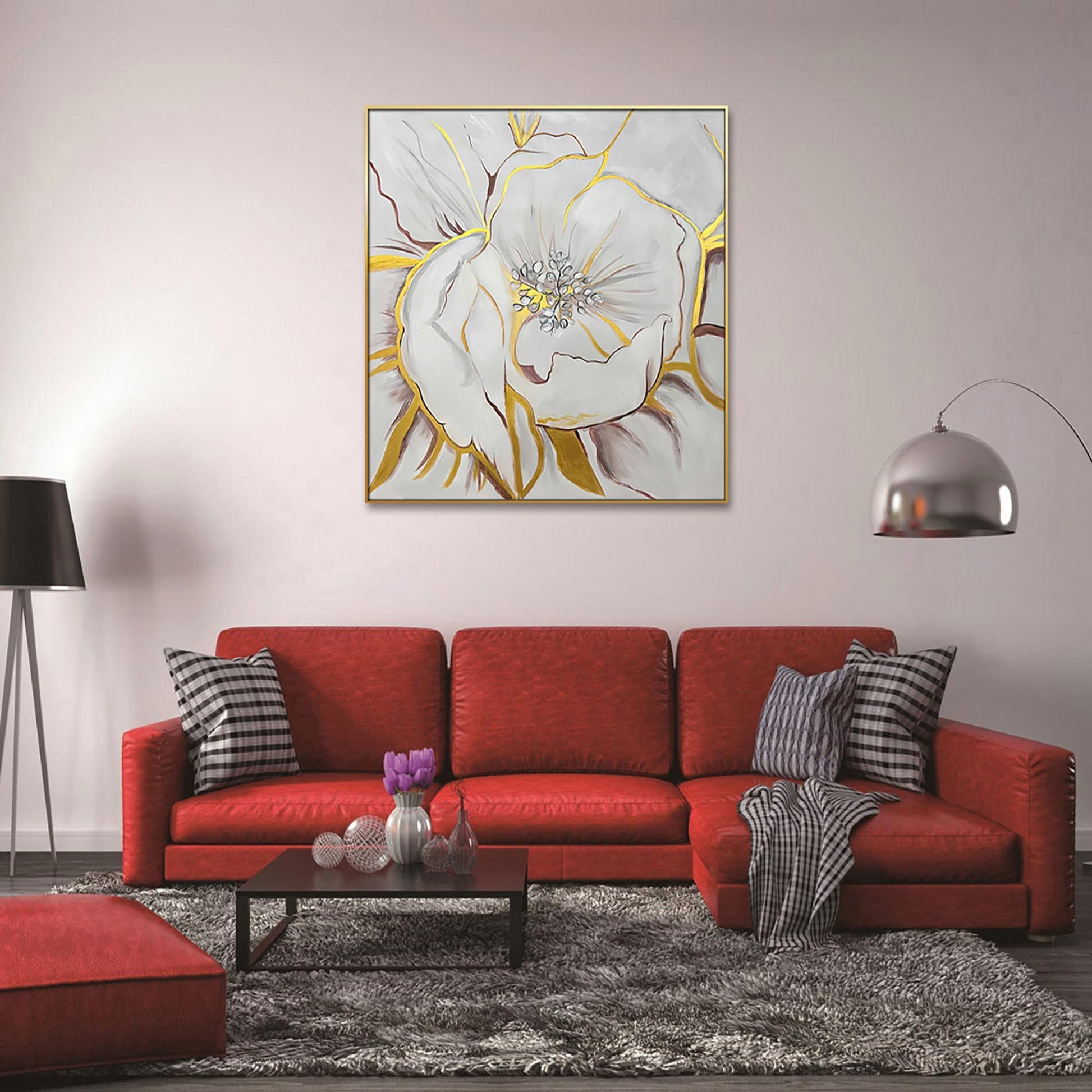 Home Hand Painted "Gilded Petal Perspective" Oil Painting 48"H X 48" W White Gold Canvas