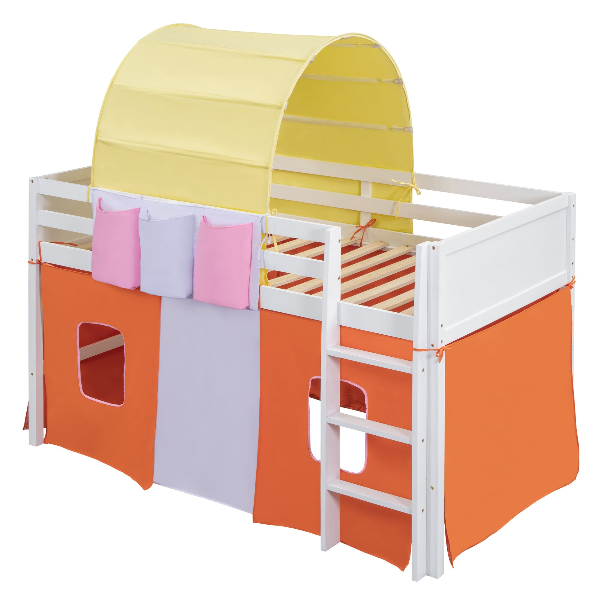 Twin Size Loft Bed With Tent And Tower And Three Pockets Orange Blue Solid Wood