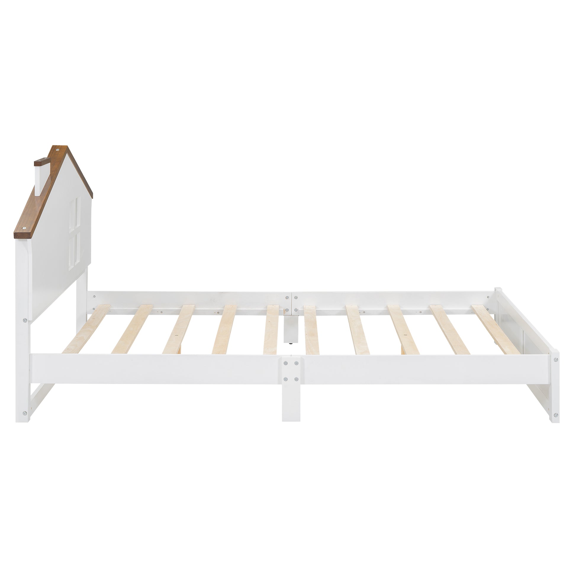 Full Size Wood Platform Bed With House Shaped Headboard And Built In Led, Walnut White Box Spring Not Required Full White Wood Bedroom Solid Wood Mdf