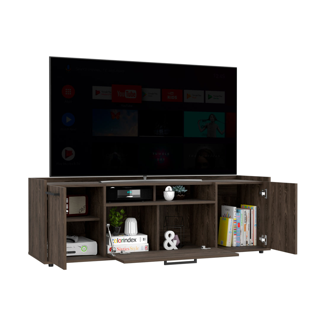 Tv Stand For Tv S Up 60", Double Door Cabinets, One Flexible Cabinet, Dark Walnut Brown 60 69 Inches Particle Board Particle Board