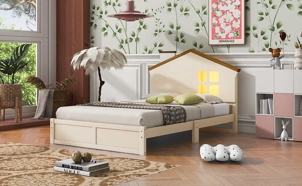 Twin Size Wood Platform Bed With House Shaped Headboard And Built In Led, Walnut Milk White Box Spring Not Required Twin White Wood Bedroom Solid Wood Mdf