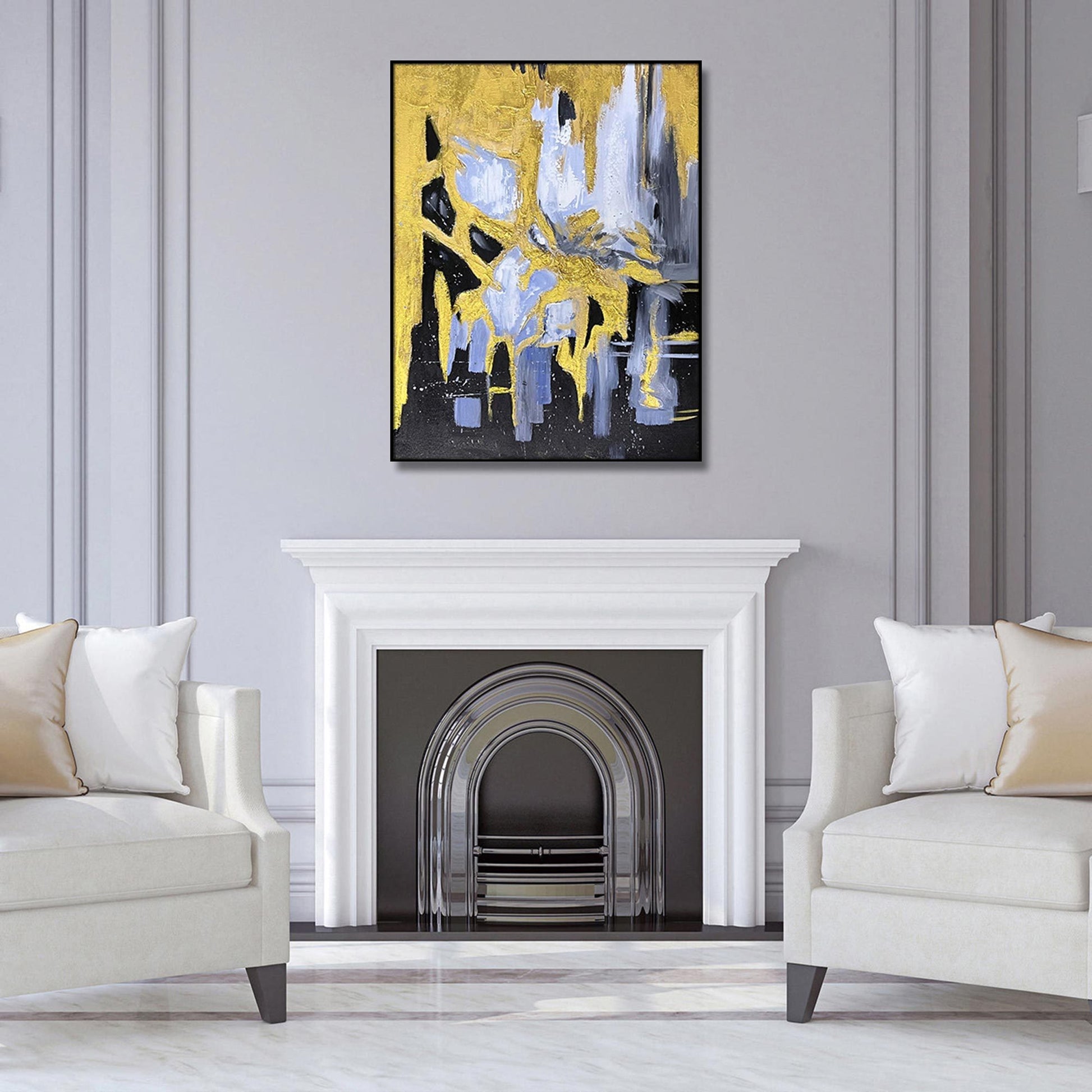 Home Hand Painted "Gilded Abstract Embrace" Oil Painting 40"H X 60"W Yellow Black Canvas