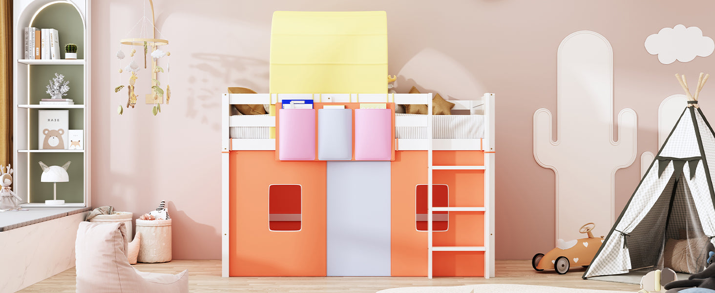 Twin Size Loft Bed With Tent And Tower And Three Pockets Orange Blue Solid Wood