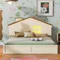 Full Size Wood Platform Bed With House Shaped Headboard And Built In Led, Walnut Milk White Box Spring Not Required Full White Wood Bedroom Solid Wood Mdf