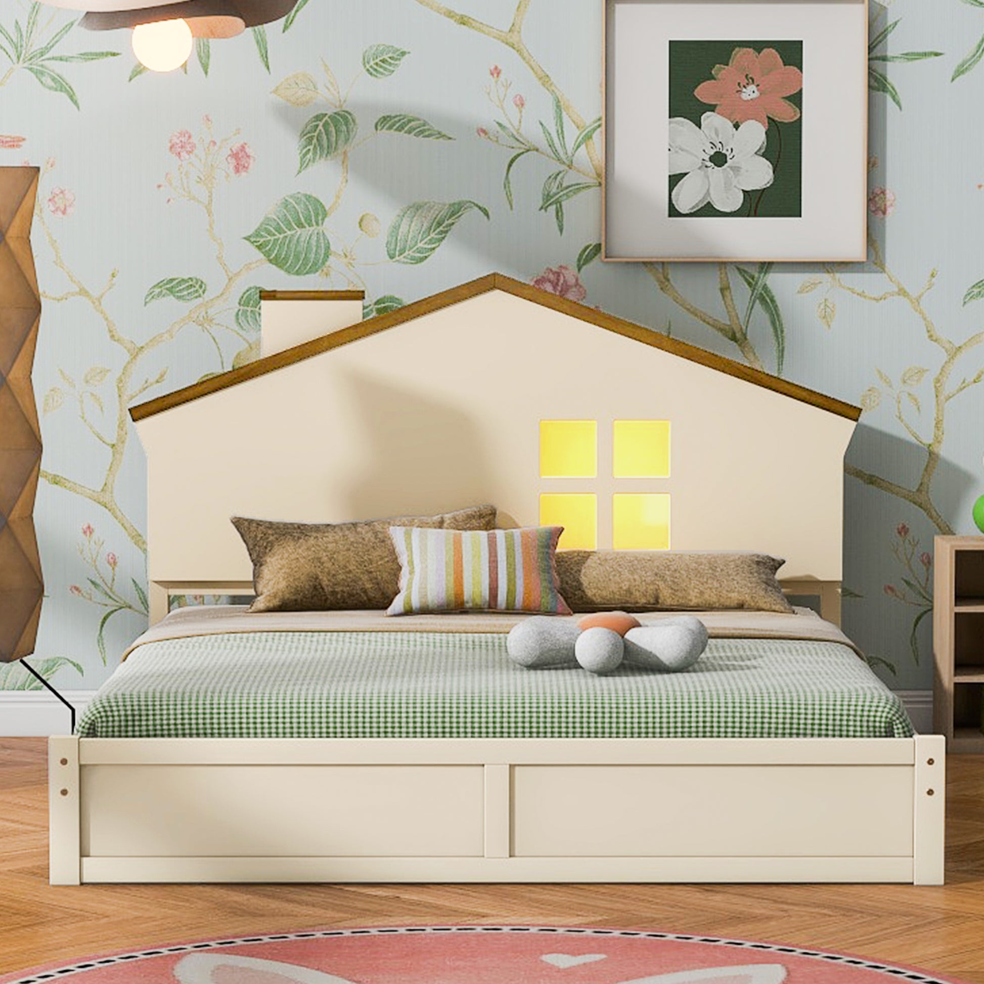 Full Size Wood Platform Bed With House Shaped Headboard And Built In Led, Walnut Milk White Box Spring Not Required Full White Wood Bedroom Solid Wood Mdf