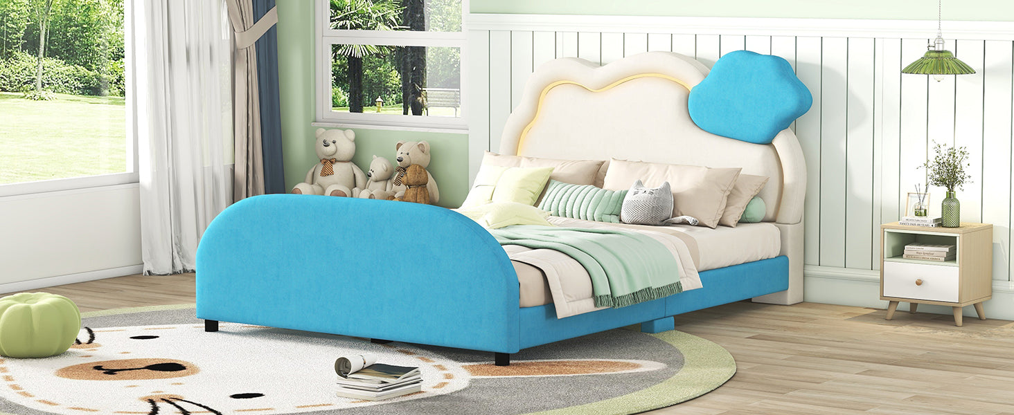 Full Size Upholstered Platform Bed With Cloud Shaped Headboard And Embedded Light Stripe, Velvet, Blue Blue Velvet