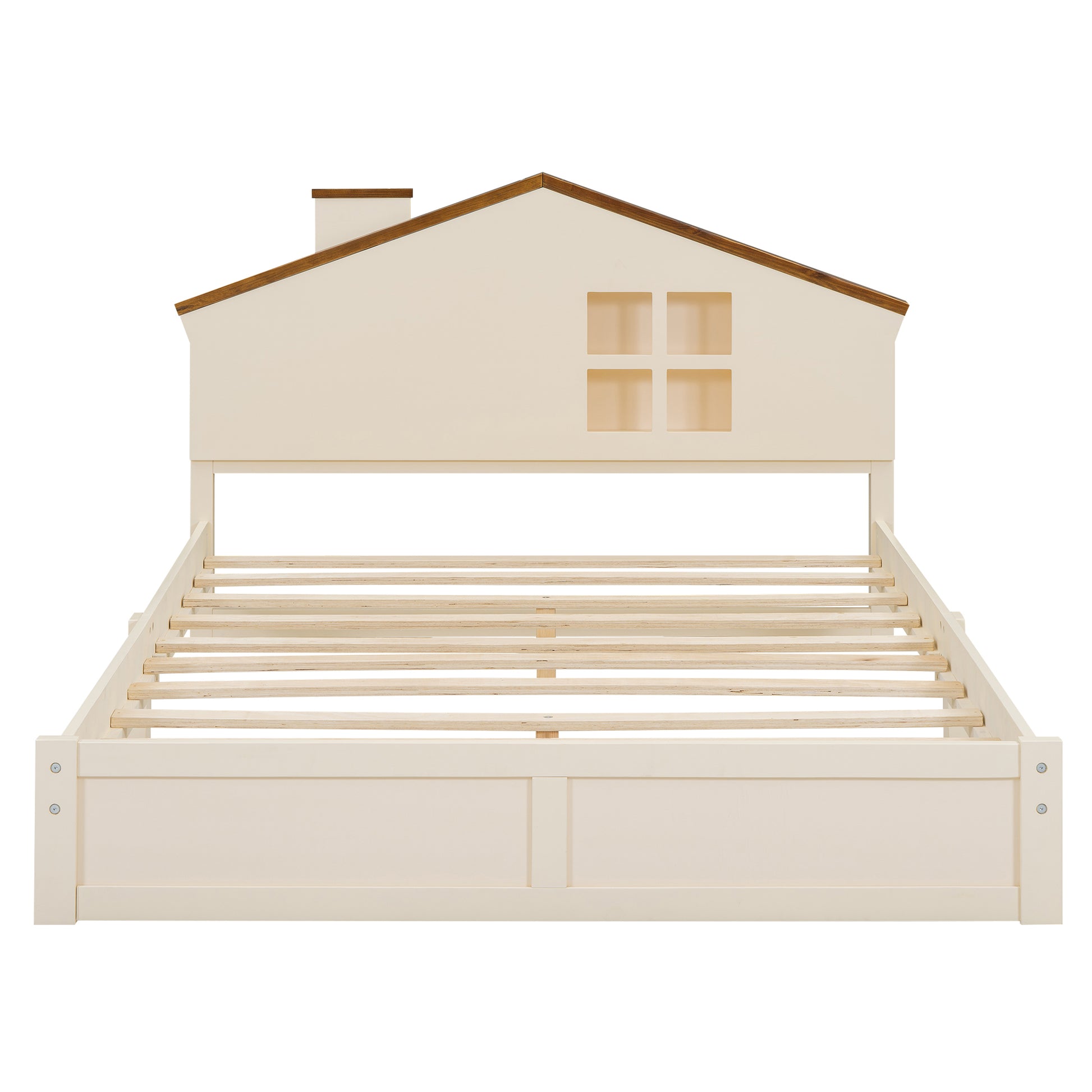 Full Size Wood Platform Bed With House Shaped Headboard And Built In Led, Walnut Milk White Box Spring Not Required Full White Wood Bedroom Solid Wood Mdf