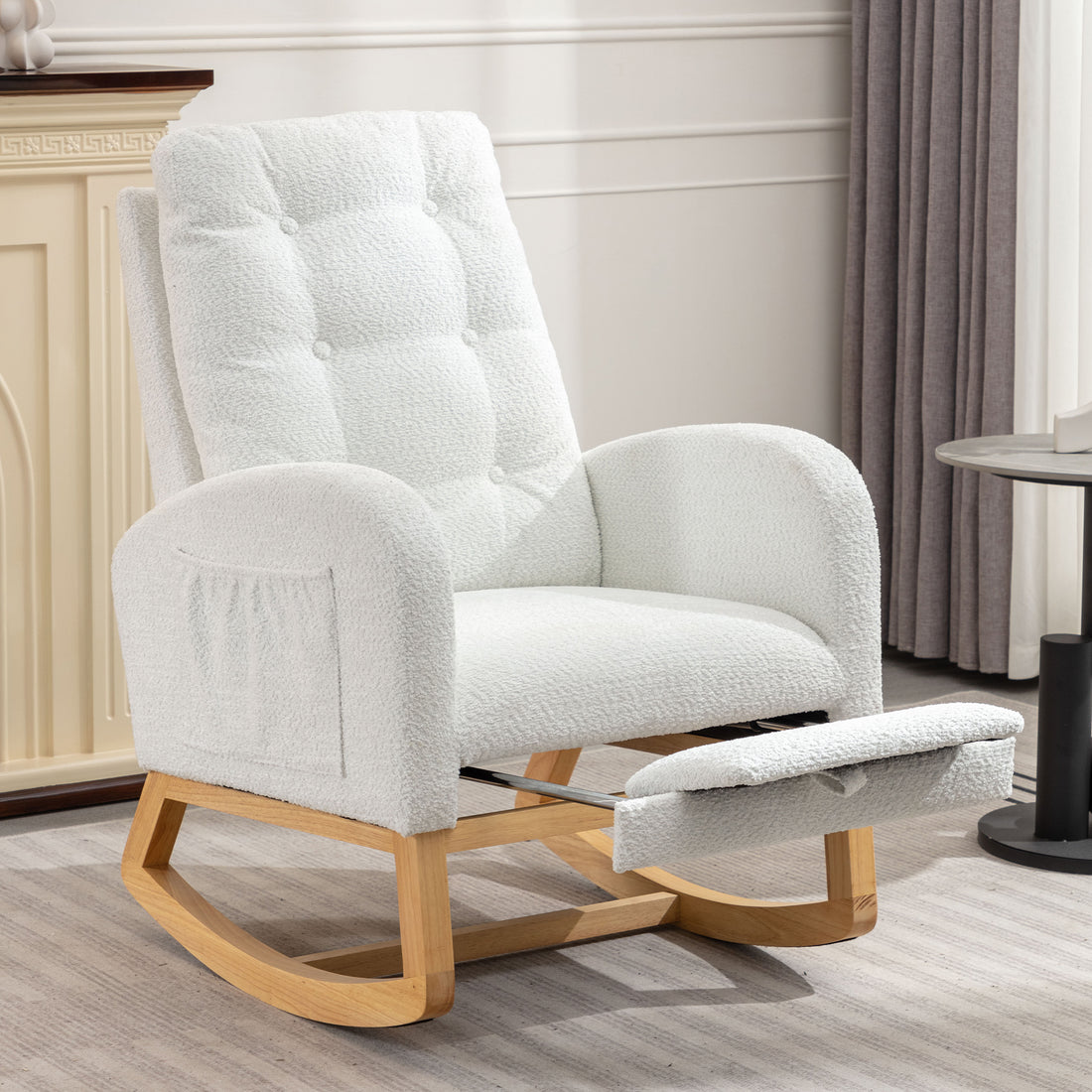 Accent Rocking Chair With Footrest High Back Rubber Wood Rocking Legs Bedroom Living Space26.77D X 38.36W X 39.76H Inch White Primary Living Space Casual Accent Chairs Rubberwood Foam Foam Spring