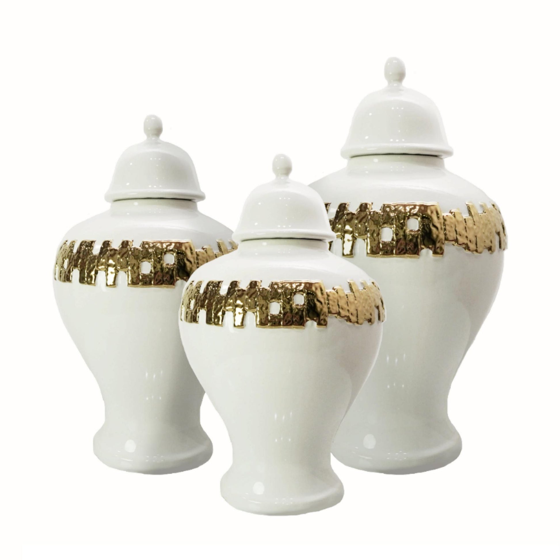 White Ginger Jar With Gold Ornament White Ceramic