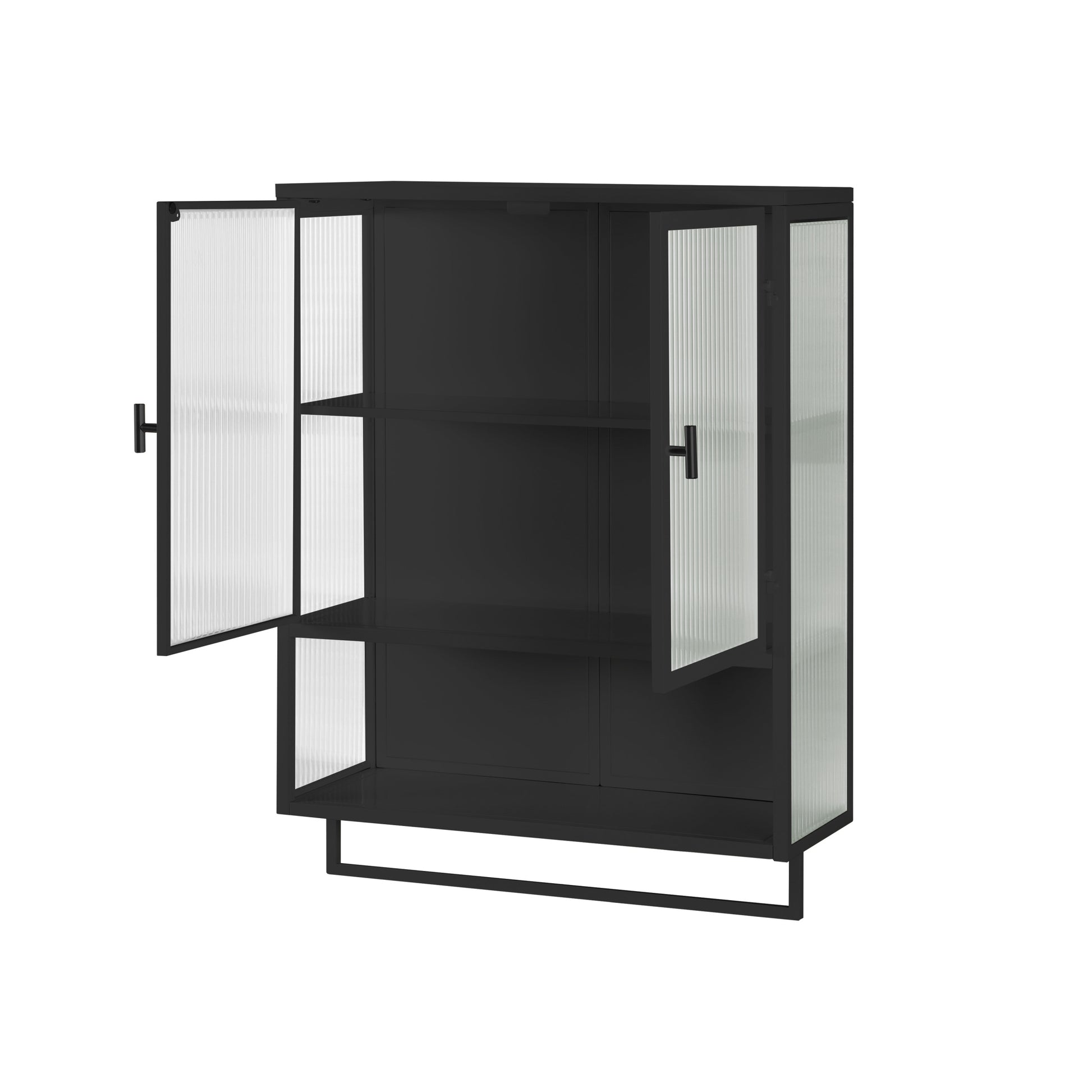 23.62"Glass Doors Modern Two Door Wall Cabinet With Featuring Two Tier Enclosed Storage, An Open Shelf, And Towel Rack, For Entryway Living Room Bathroom Dining Room,Black Black Glass Metal