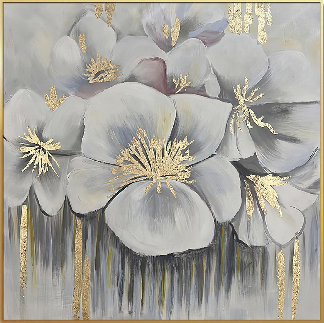 Home Hand Painted "Golden Anther Blossoms" Oil Painting 48"H X 48" W White Gold Canvas