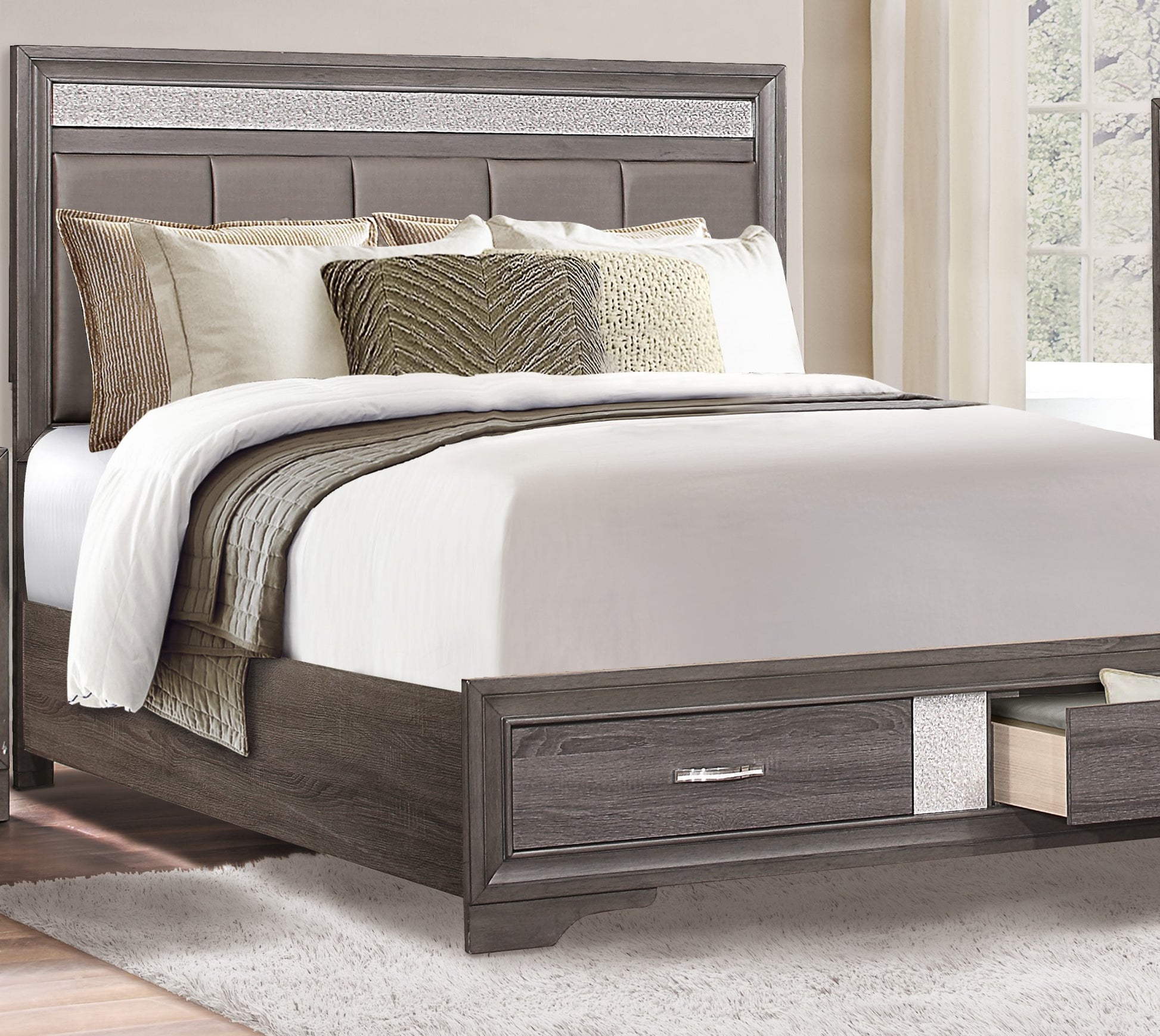 Queen Platform Bed With Footboard Drawers Upholstered Headboard, Gray And Silver Glitter, Contemporary Bedroom Furniture Box Spring Not Required Queen Gray Wood Bedroom Contemporary Storage Included Faux Leather Wood