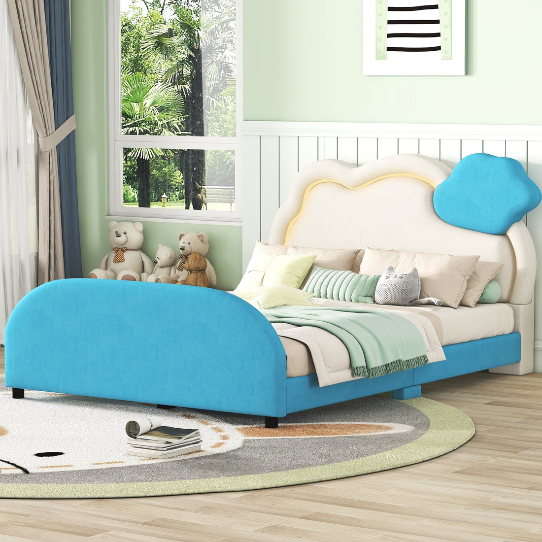 Full Size Upholstered Platform Bed With Cloud Shaped Headboard And Embedded Light Stripe, Velvet, Blue Blue Velvet