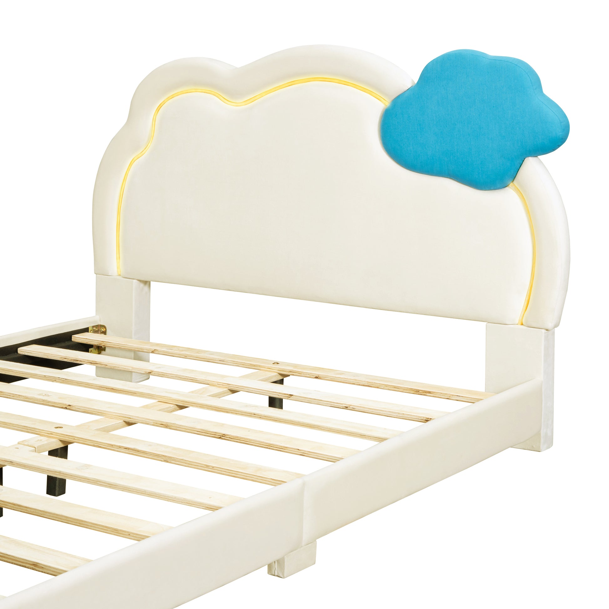 Full Size Upholstered Platform Bed With Cloud Shaped Headboard And Embedded Light Stripe, Velvet, Beige Beige Velvet