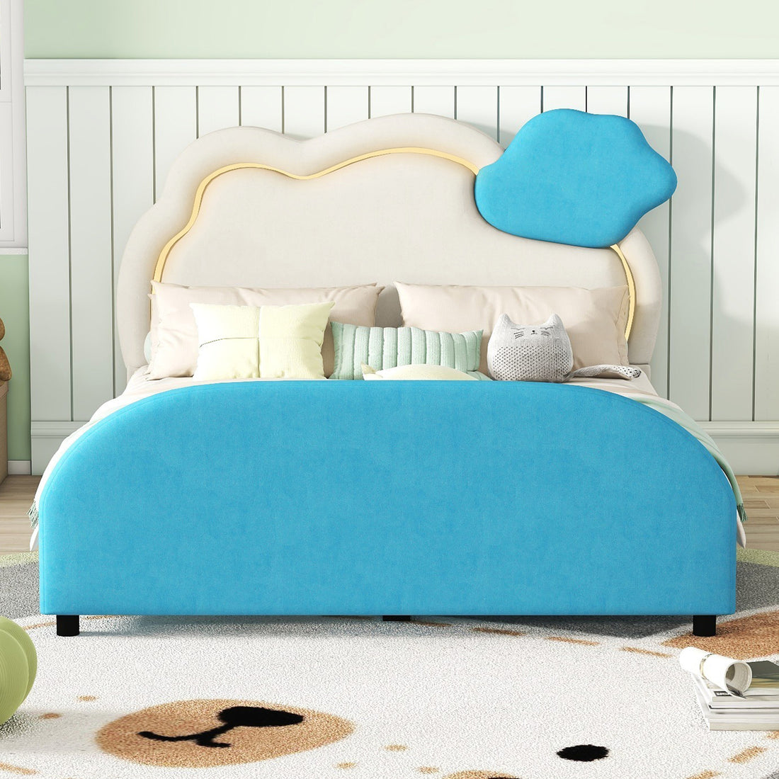 Full Size Upholstered Platform Bed With Cloud Shaped Headboard And Embedded Light Stripe, Velvet, Blue Blue Velvet