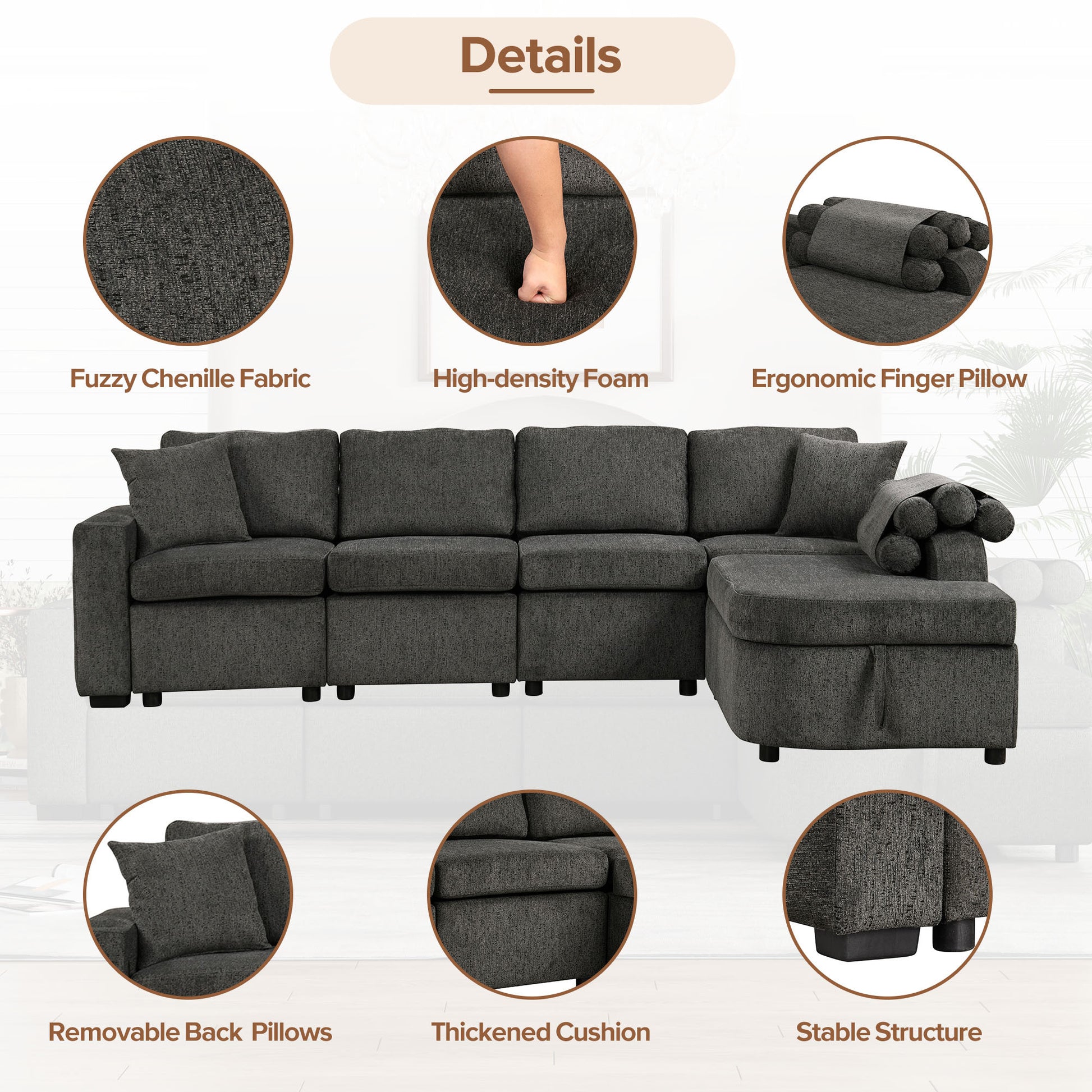 109.8"L Shaped Couch Sectional Sofa With Storage Chaise,Cup Holder And Usb Ports For Living Room, Black Black Foam Chenille 4 Seat