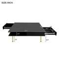 Exquisite High Gloss Coffee Table With 4 Golden Legs And 2 Small Drawers, 2 Tier Square Center Table For Living Room, Black Black Primary Living Space Particle Board