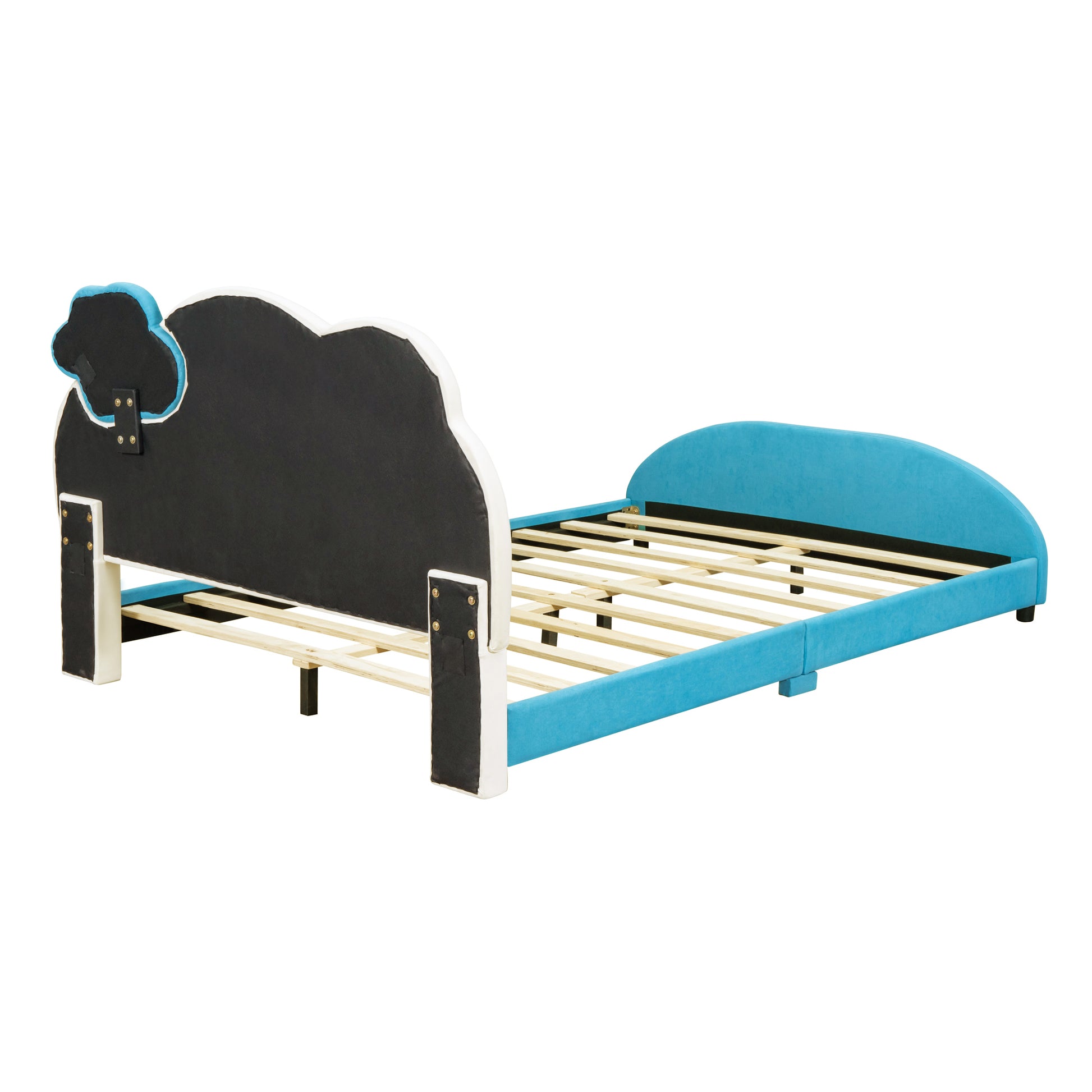 Full Size Upholstered Platform Bed With Cloud Shaped Headboard And Embedded Light Stripe, Velvet, Blue Blue Velvet