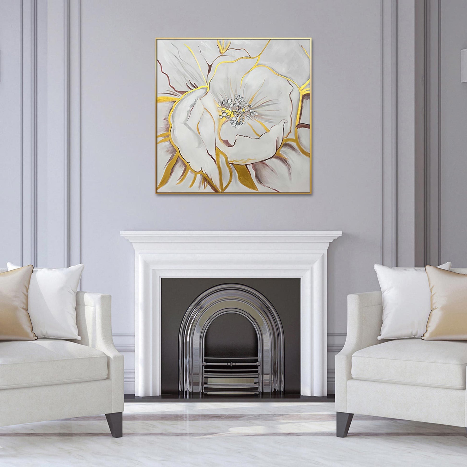 Home Hand Painted "Gilded Petal Perspective" Oil Painting 48"H X 48" W White Gold Canvas