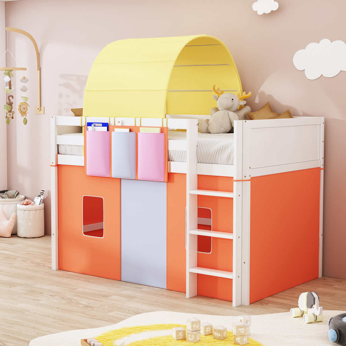 Twin Size Loft Bed With Tent And Tower And Three Pockets Orange Blue Solid Wood