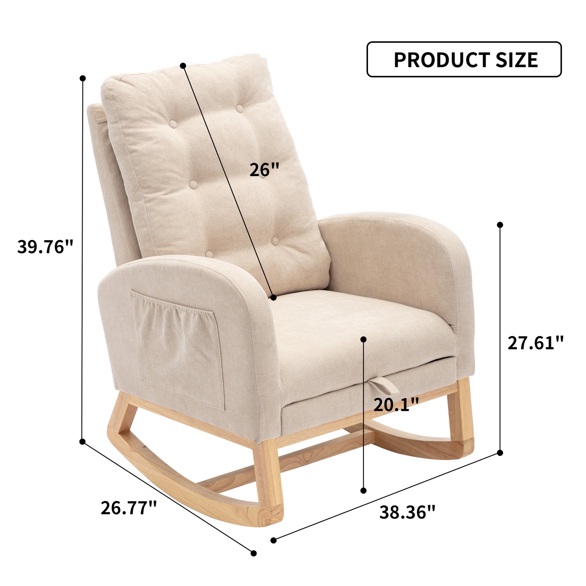 Accent Rocking Chair With Footrest High Back Rubber Wood Rocking Legs Bedroom Living Space26.77D X 38.36W X 39.76H Inch Beige Foam Spring