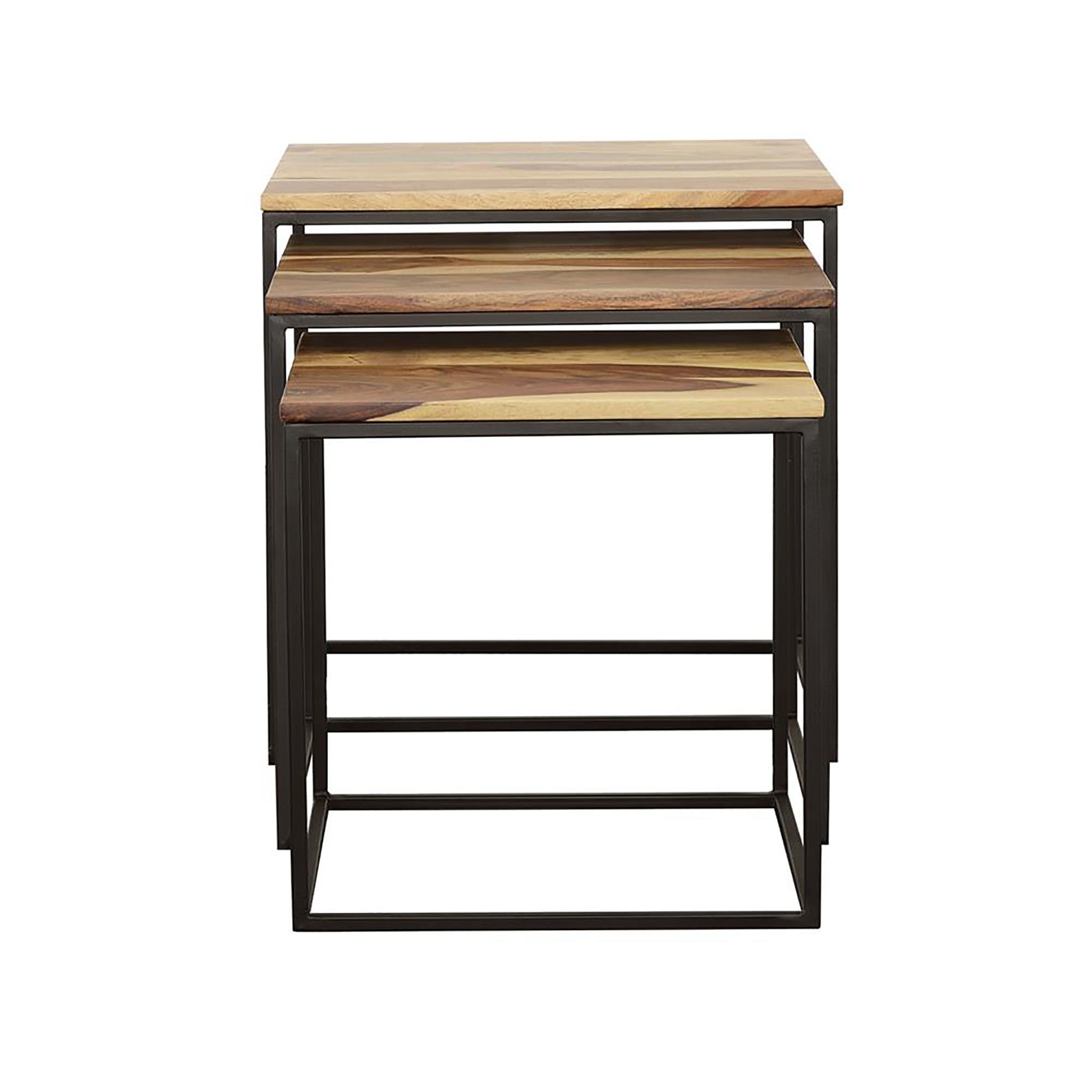 Natural And Black 3 Piece Nesting Table Brown Primary Living Space Farmhouse,Rustic Tabeltop Sheesham Square Coffee & End Tables Powder Coated Metal Parsons