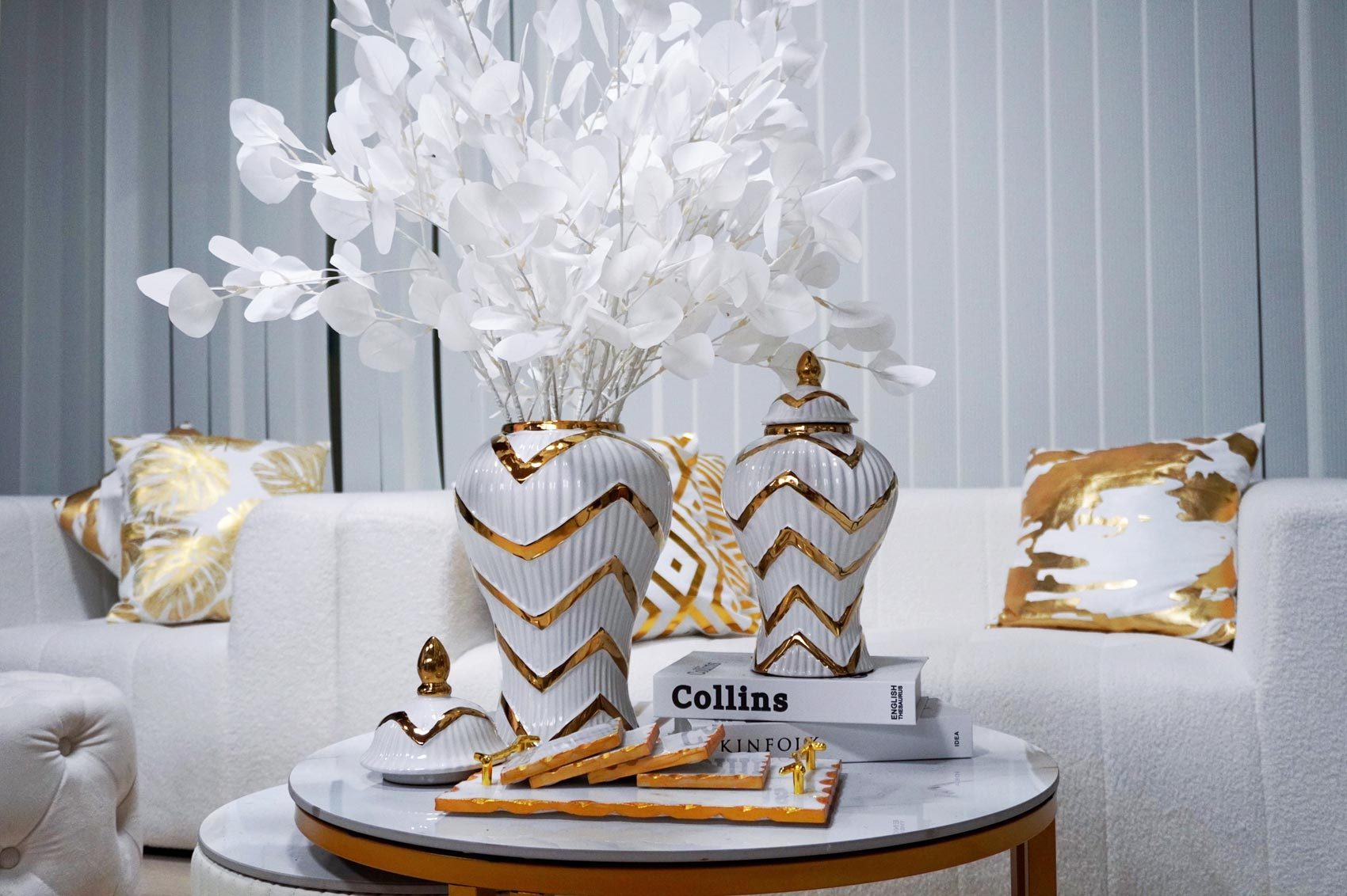 Timeless White Gilded Waves Ginger Jar With Removable Lid White Ceramic