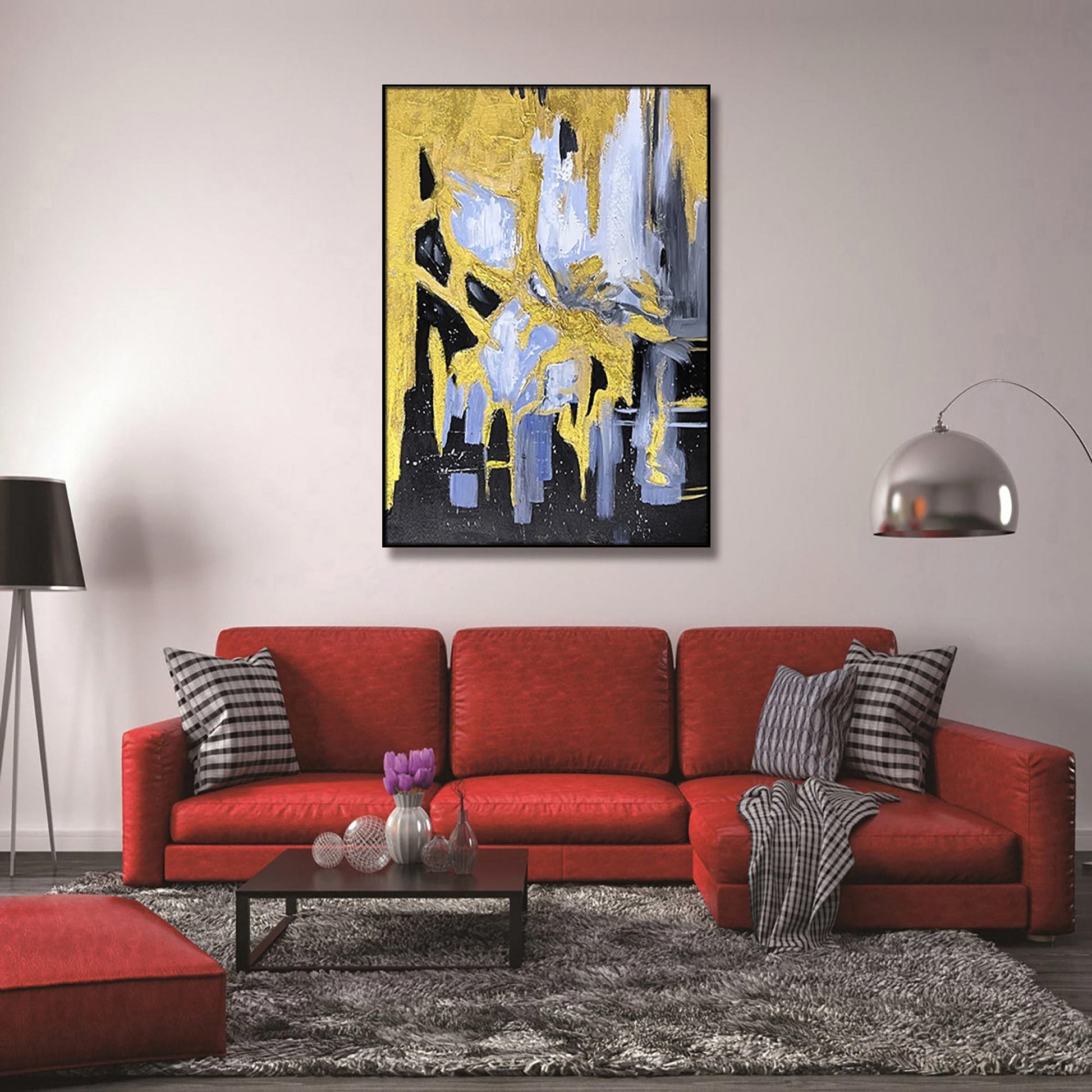 Home Hand Painted "Gilded Abstract Embrace" Oil Painting 40"H X 60"W Yellow Black Canvas