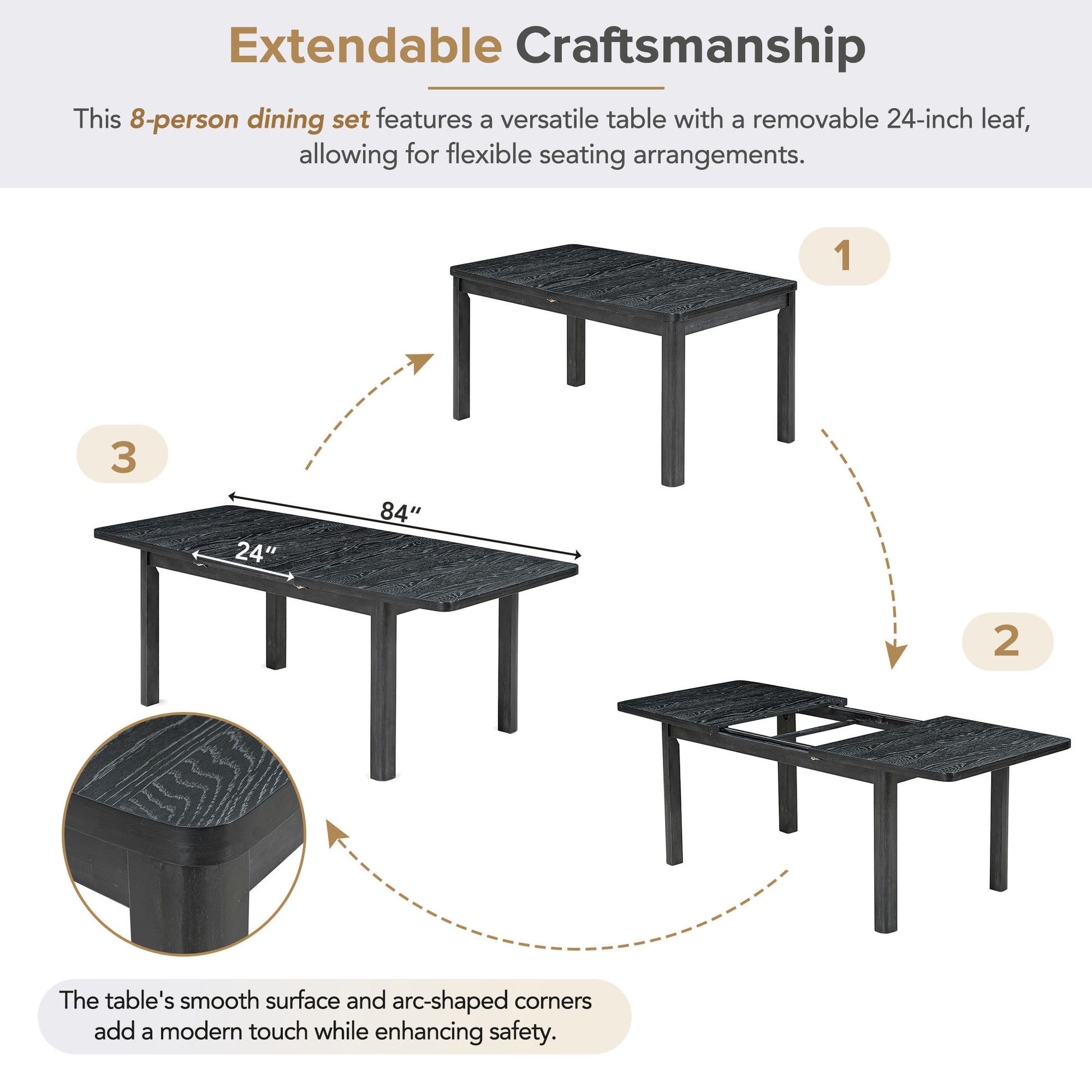 Rustic Extendable 84Inch Dining Table Set With 24Inch Removable Leaf6 Upholstered Armless Dining Chairs And 2 Padded Arm Chairs, 9 Pieces, Black Wood Dining Room Extendable Rubberwood Rectangular Dining Table With Chair Upholstered Chair Wood Black Gray