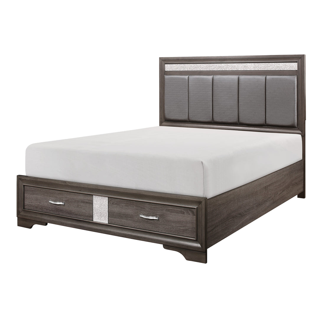 Queen Platform Bed With Footboard Drawers Upholstered Headboard, Gray And Silver Glitter, Contemporary Bedroom Furniture Box Spring Not Required Queen Gray Wood Bedroom Contemporary Storage Included Faux Leather Wood