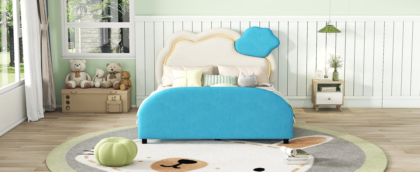 Full Size Upholstered Platform Bed With Cloud Shaped Headboard And Embedded Light Stripe, Velvet, Blue Blue Velvet