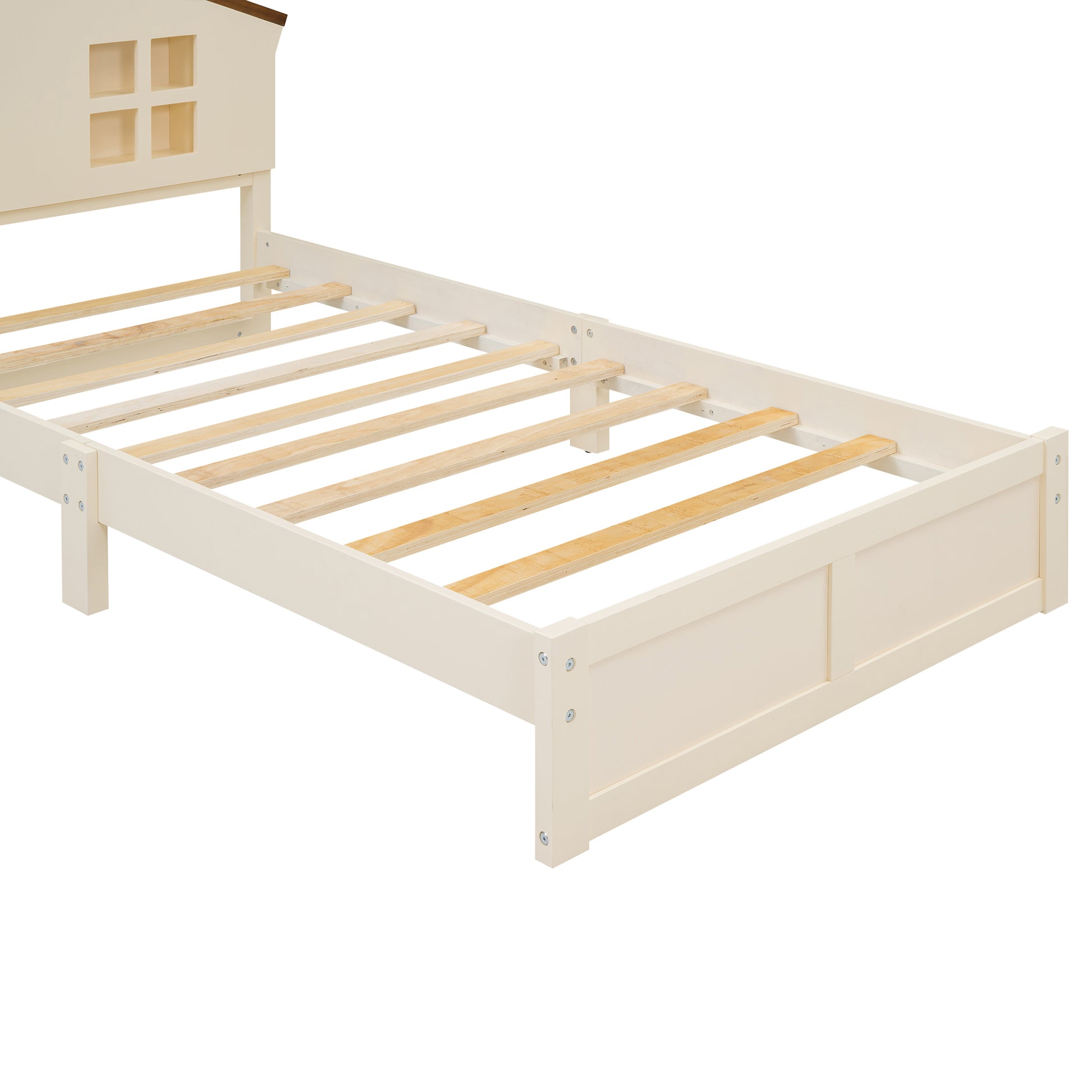 Twin Size Wood Platform Bed With House Shaped Headboard And Built In Led, Walnut Milk White Box Spring Not Required Twin White Wood Bedroom Solid Wood Mdf