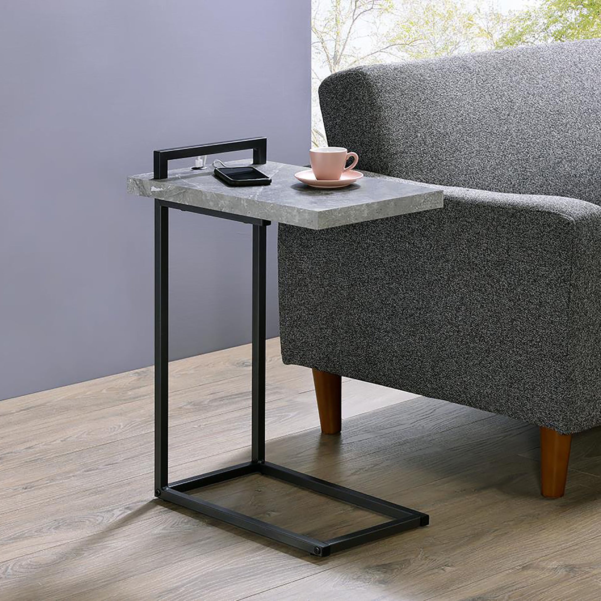 Grey And Gunmetal C Table With Usb Charging Port Grey Built In Outlets Or Usb Primary Living Space Industrial Tabeltop Rectangular Coffee & End Tables Powder Coated Metal