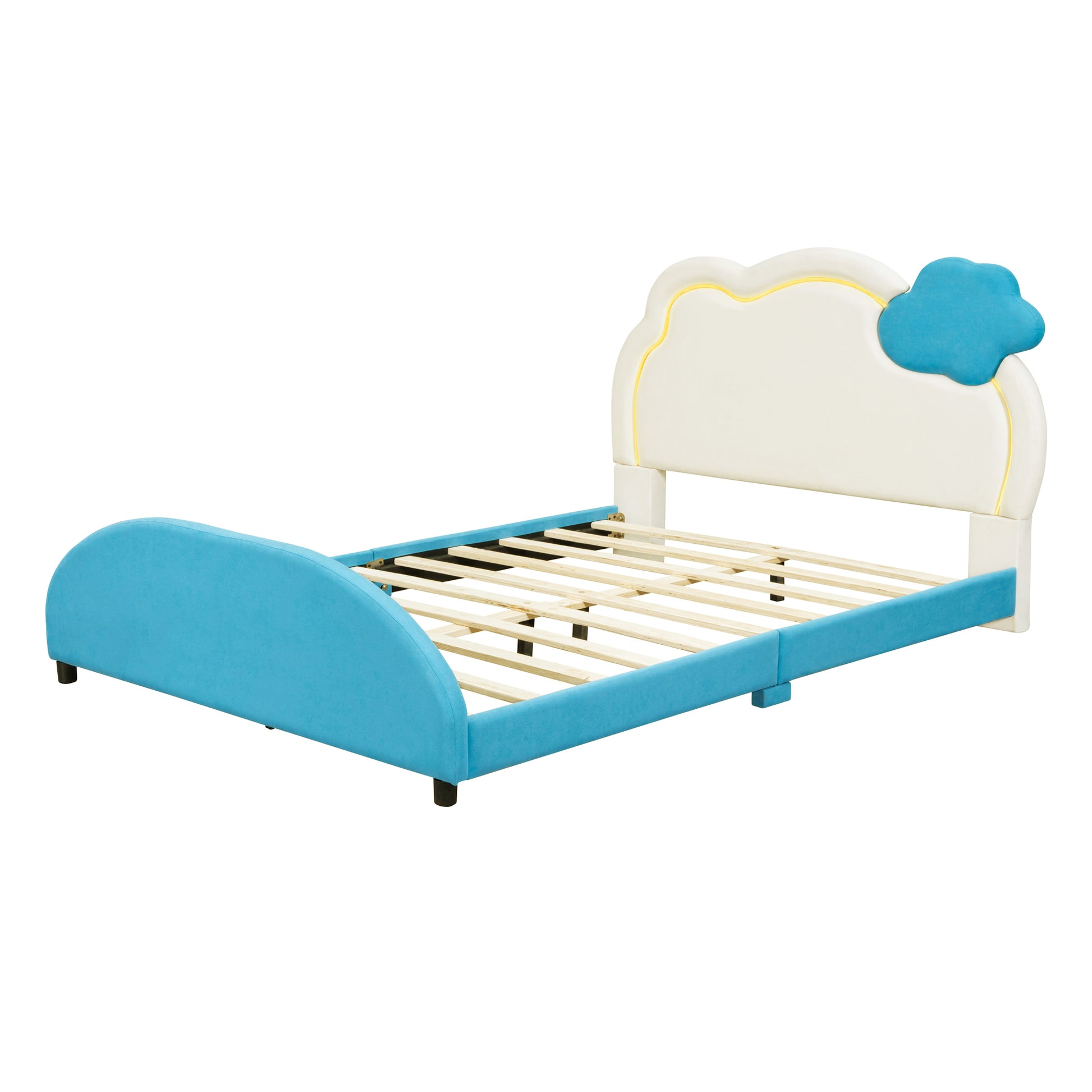 Full Size Upholstered Platform Bed With Cloud Shaped Headboard And Embedded Light Stripe, Velvet, Blue Blue Velvet