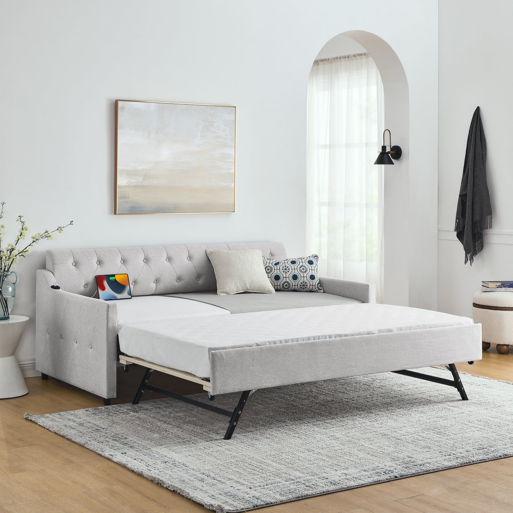 Twin Size Upholstery Daybed With Twin Size Erectable Trundle And Usb Charging Design, Linen Beige Twin Beige Linen