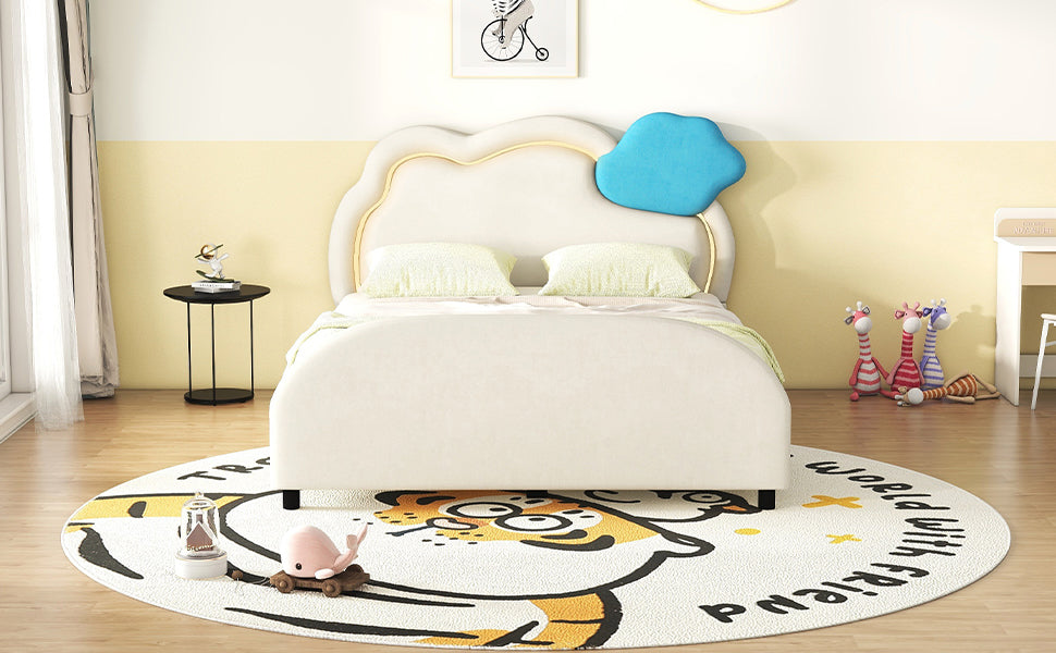 Full Size Upholstered Platform Bed With Cloud Shaped Headboard And Embedded Light Stripe, Velvet, Beige Beige Velvet