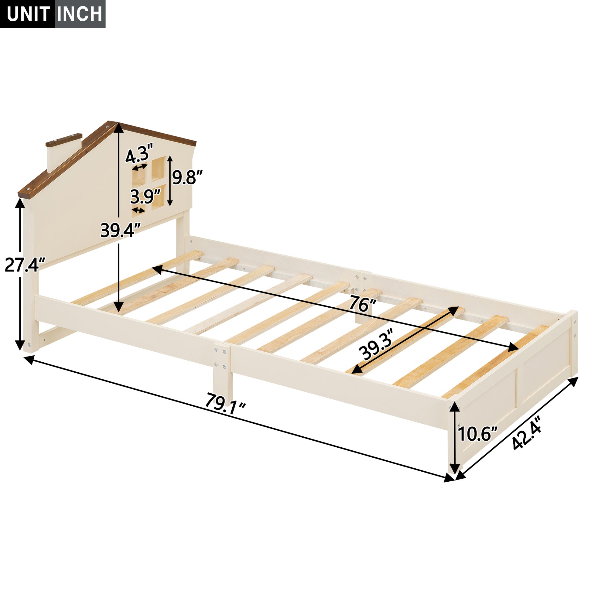 Twin Size Wood Platform Bed With House Shaped Headboard And Built In Led, Walnut Milk White Box Spring Not Required Twin White Wood Bedroom Solid Wood Mdf