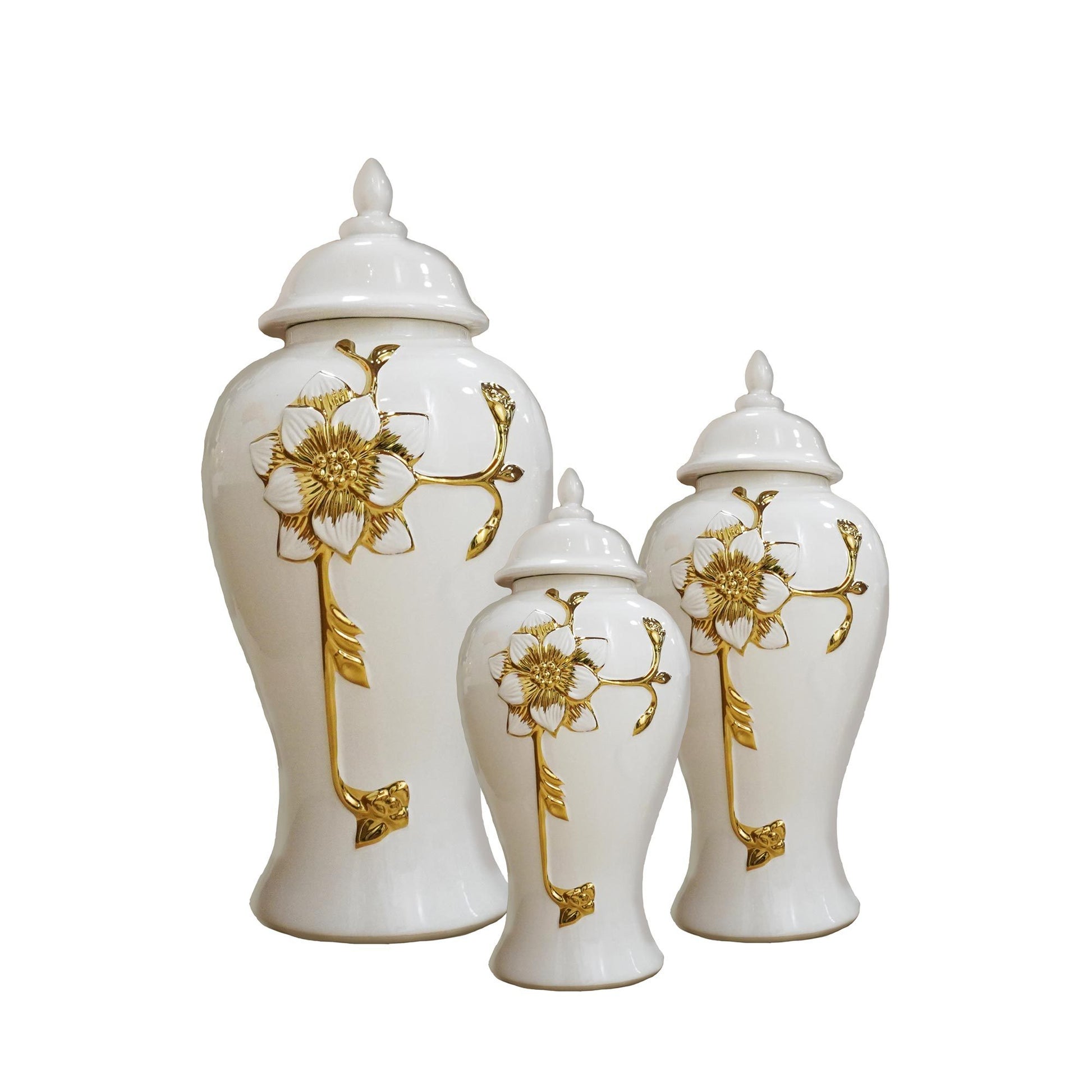 Ginger Jar With Steam Gold Flower White Ceramic