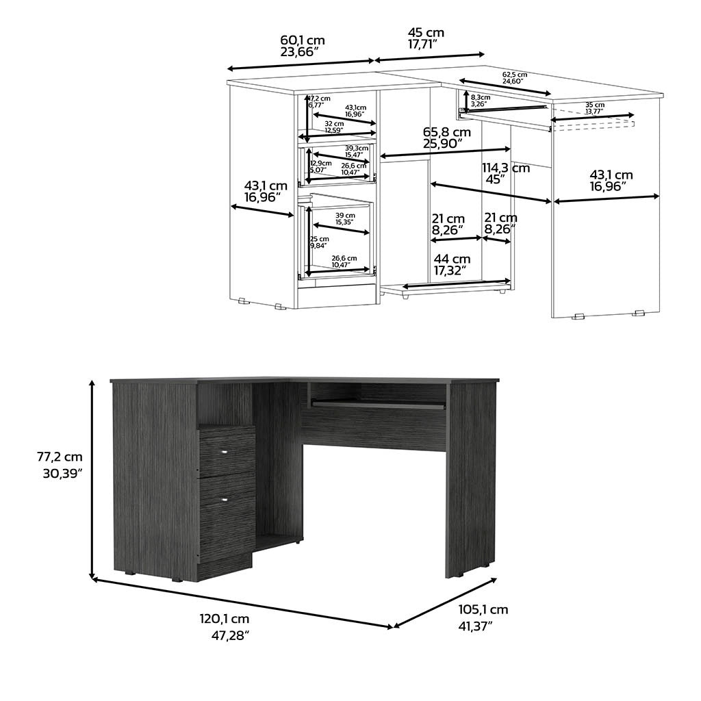 L Shaped Desk, Keyboard Tray, Two Drawers, One Open Shelf, Smokey Oak Gray Particle Board Particle Board