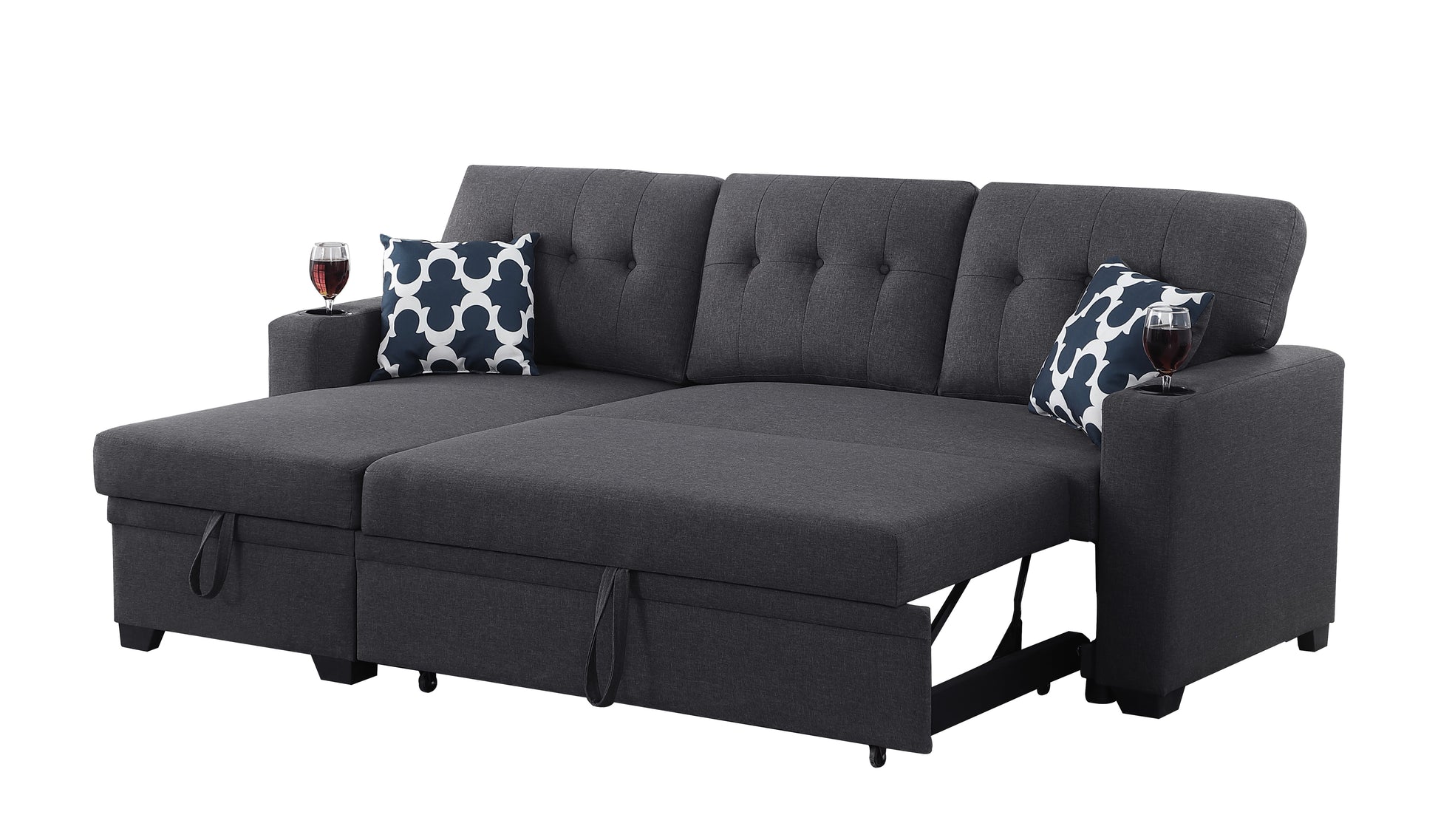 82" Width Sectional With Storage Chaise And Cupholder Armrest Dark Gray Foam Linen