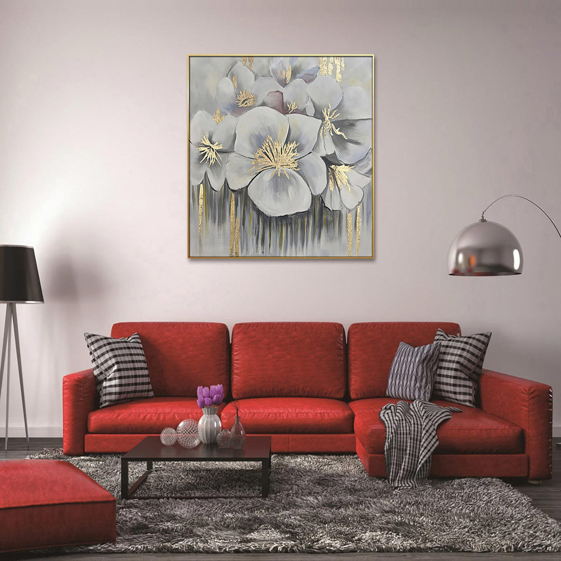 Home Hand Painted "Golden Anther Blossoms" Oil Painting 48"H X 48" W White Gold Canvas