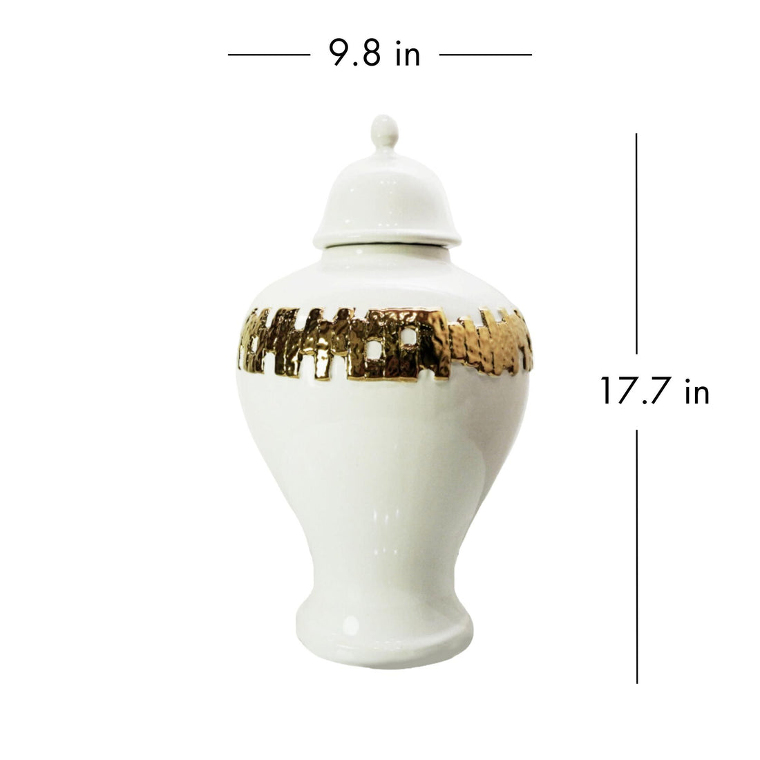 White Ginger Jar With Gold Ornament White Ceramic